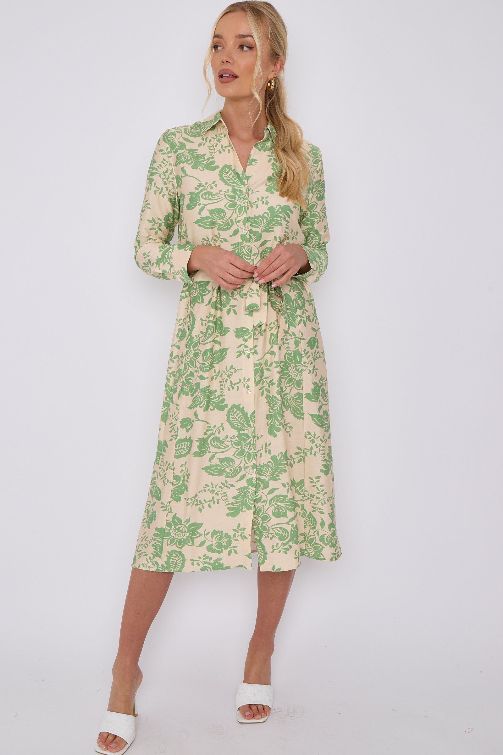 Green Floral Print Long Sleeve Midi Shirt Dress