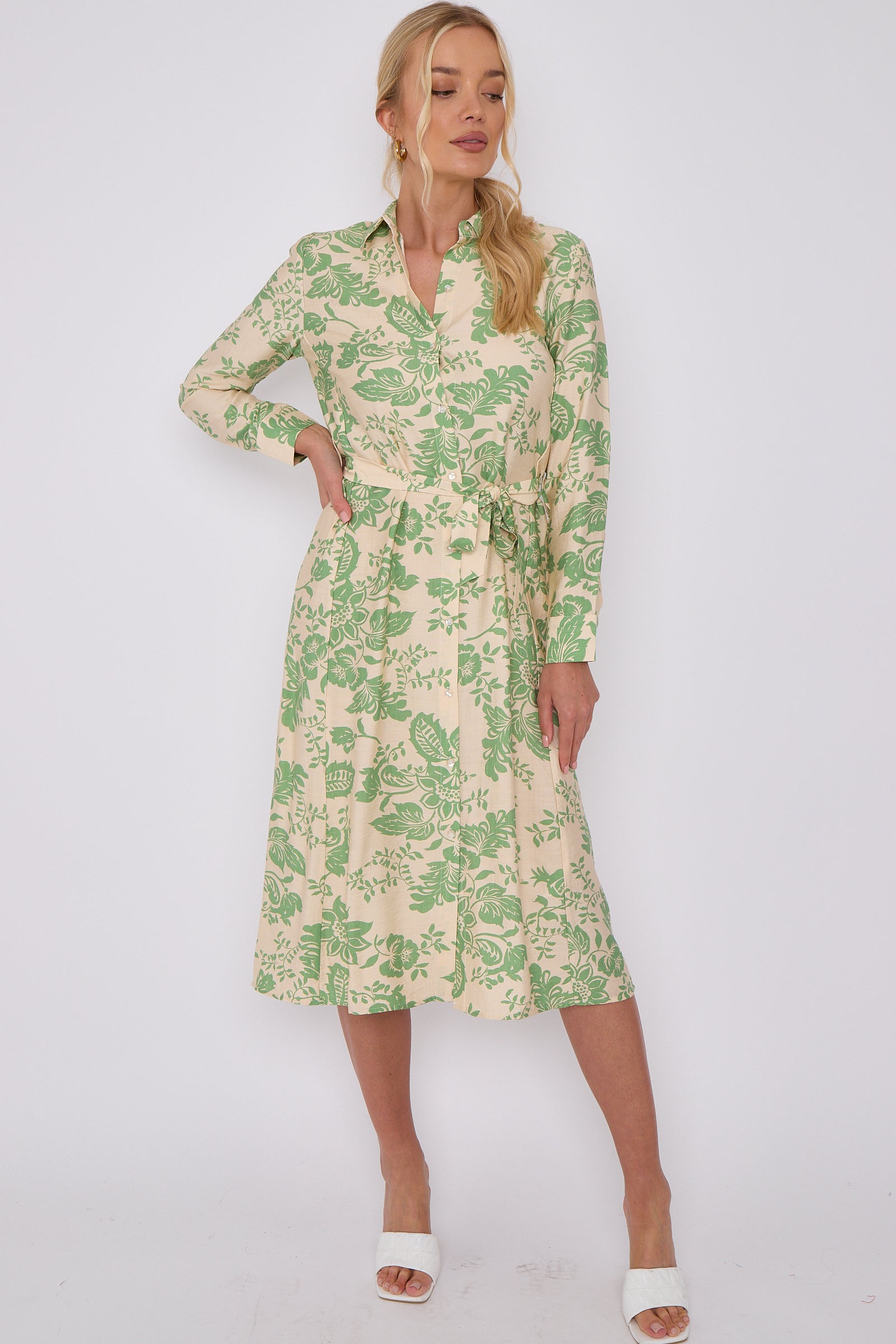 Green Floral Print Long Sleeve Midi Shirt Dress