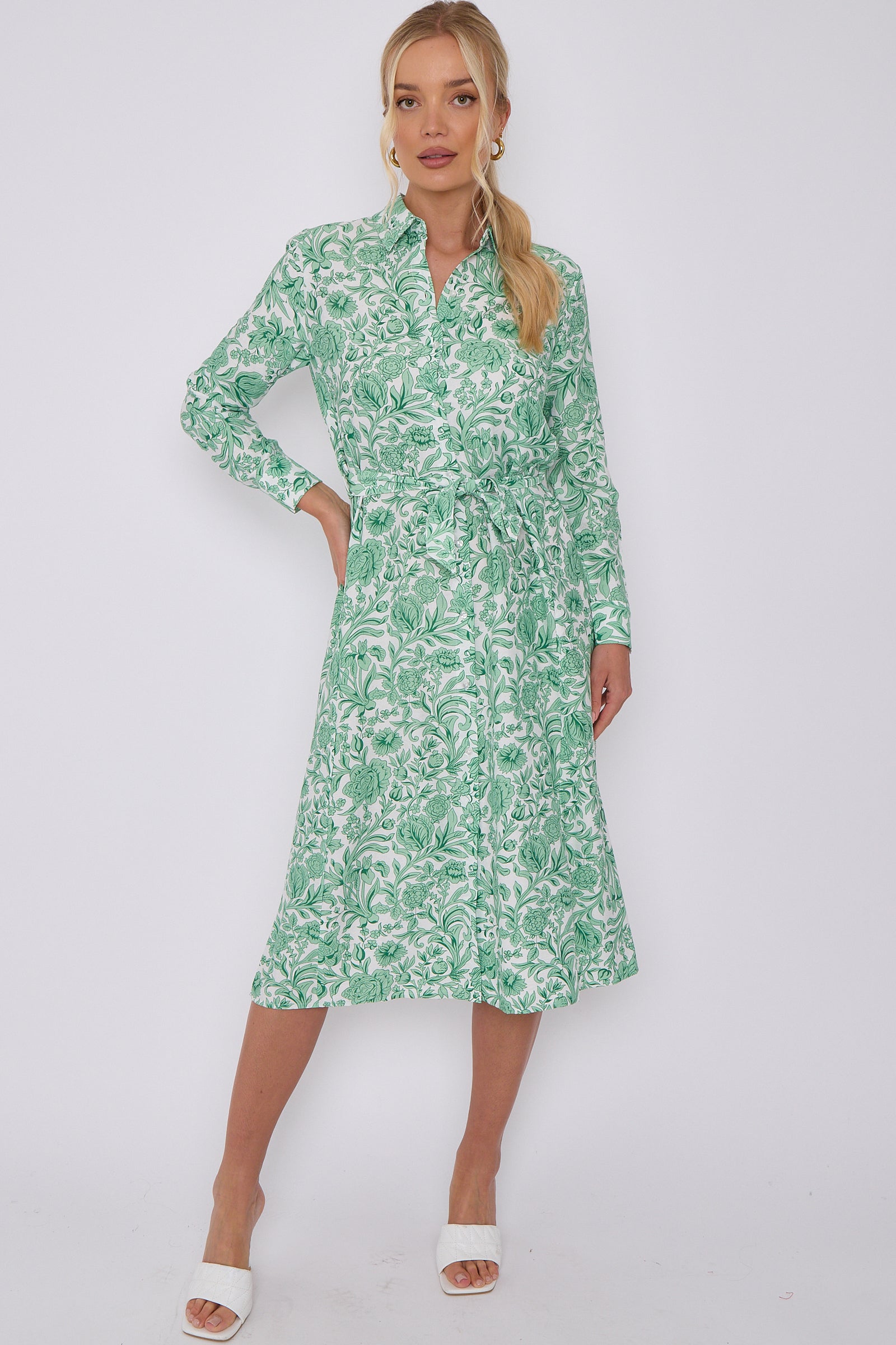 Green Rose Floral Print Long Sleeve Midi Shirt Dress