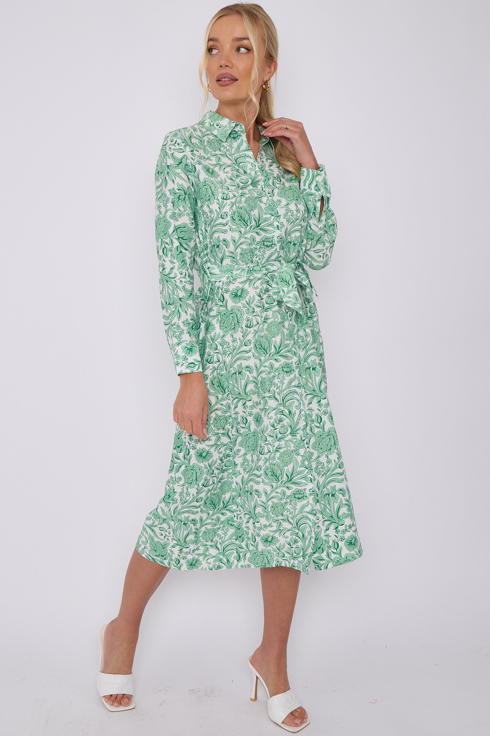 Green Rose Floral Print Long Sleeve Midi Shirt Dress