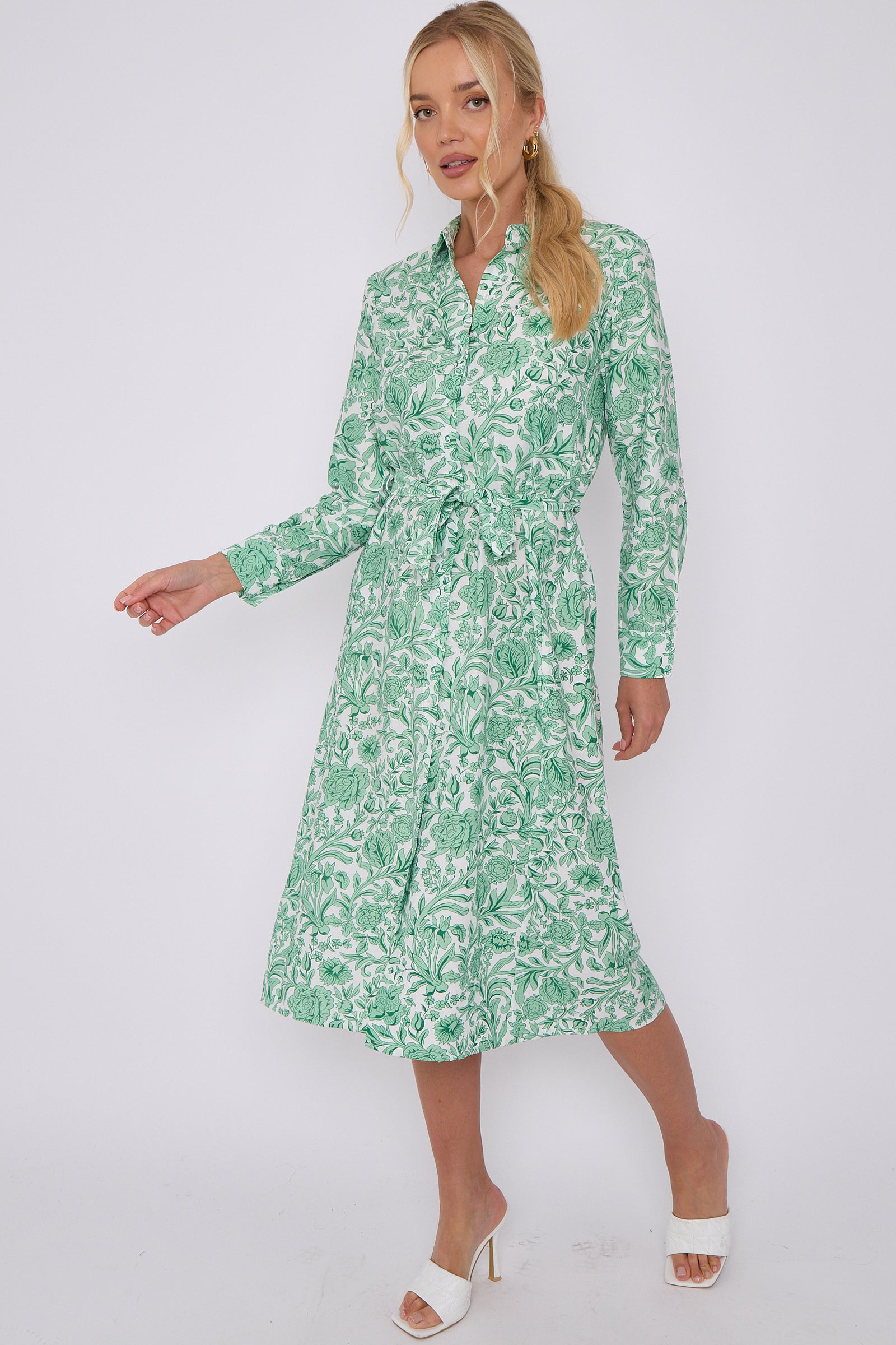 Green Rose Floral Print Long Sleeve Midi Shirt Dress