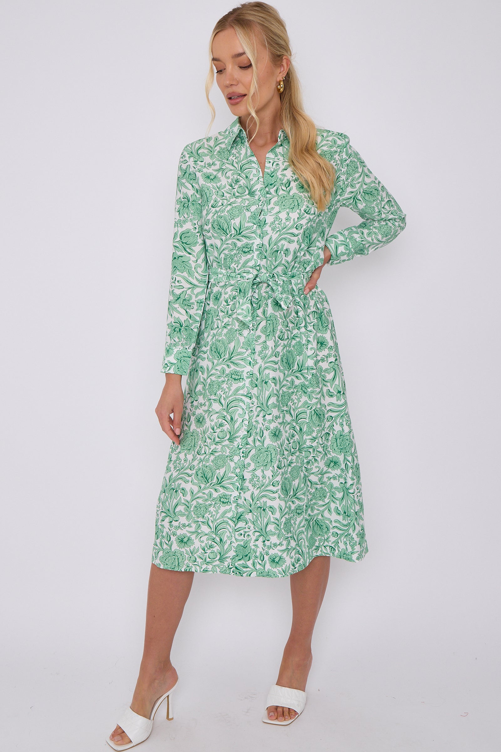 Green Rose Floral Print Long Sleeve Midi Shirt Dress