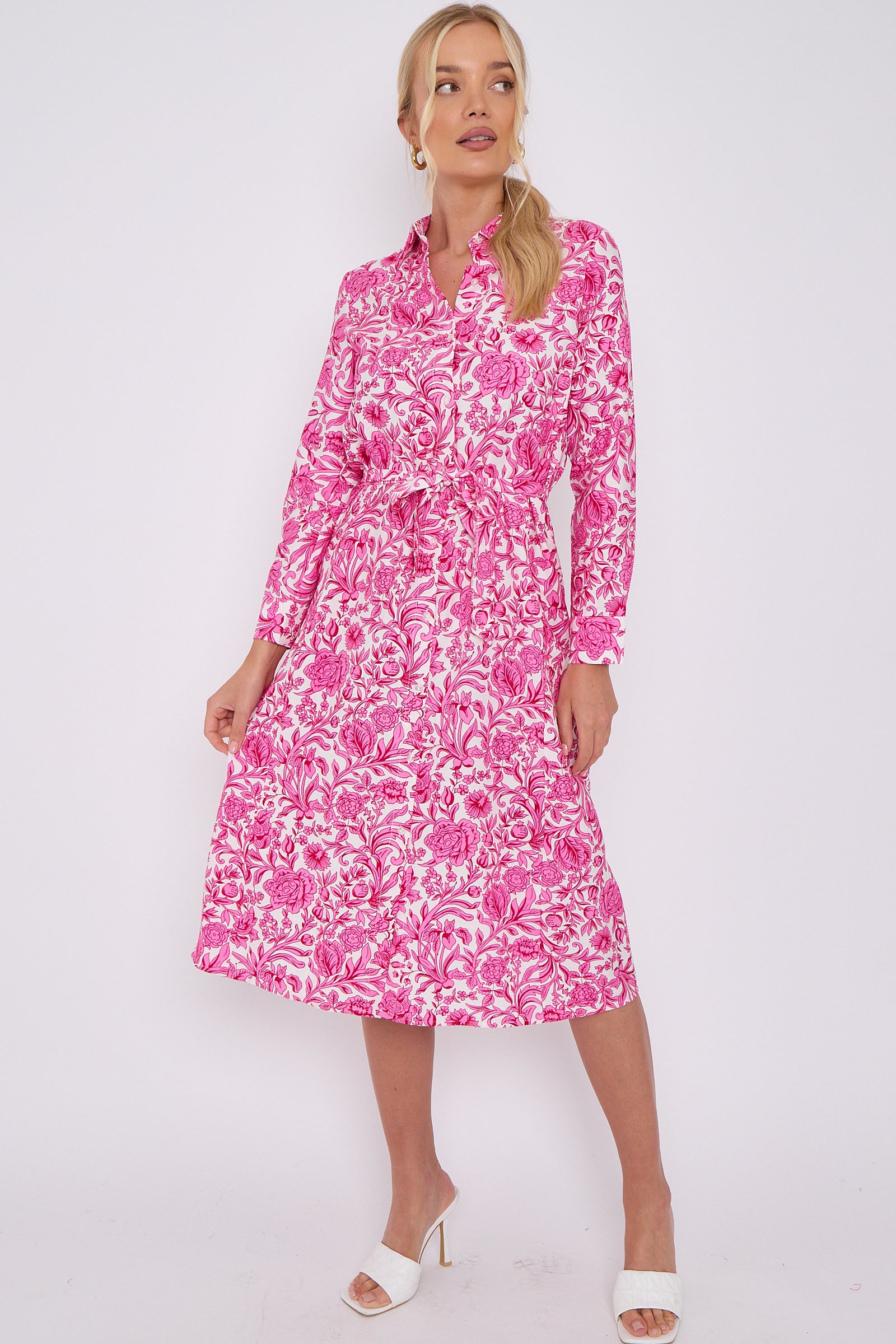 Pink Rose Floral Print Long Sleeve Midi Shirt Dress