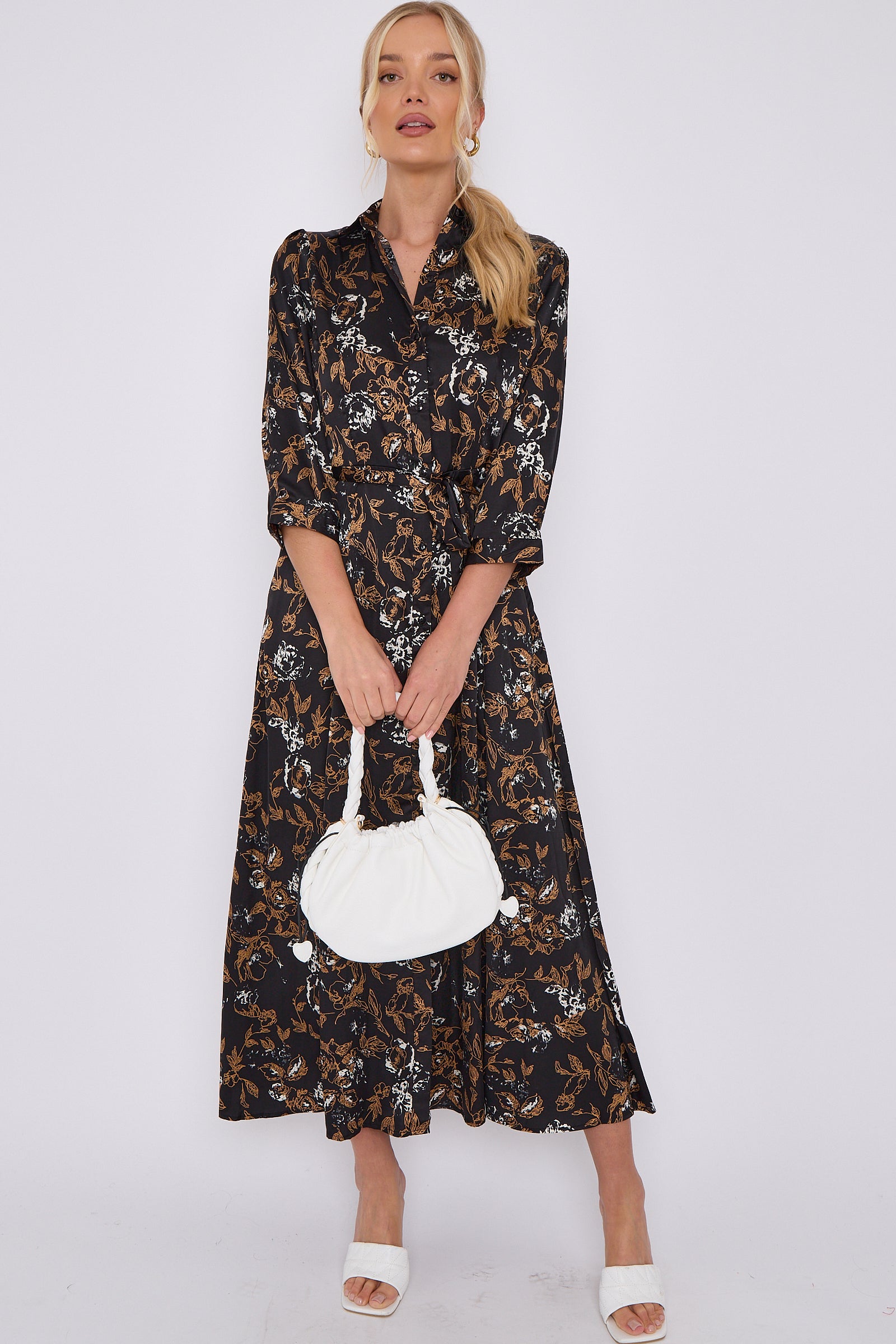 Black Floral Print Satin Maxi Shirt Dress