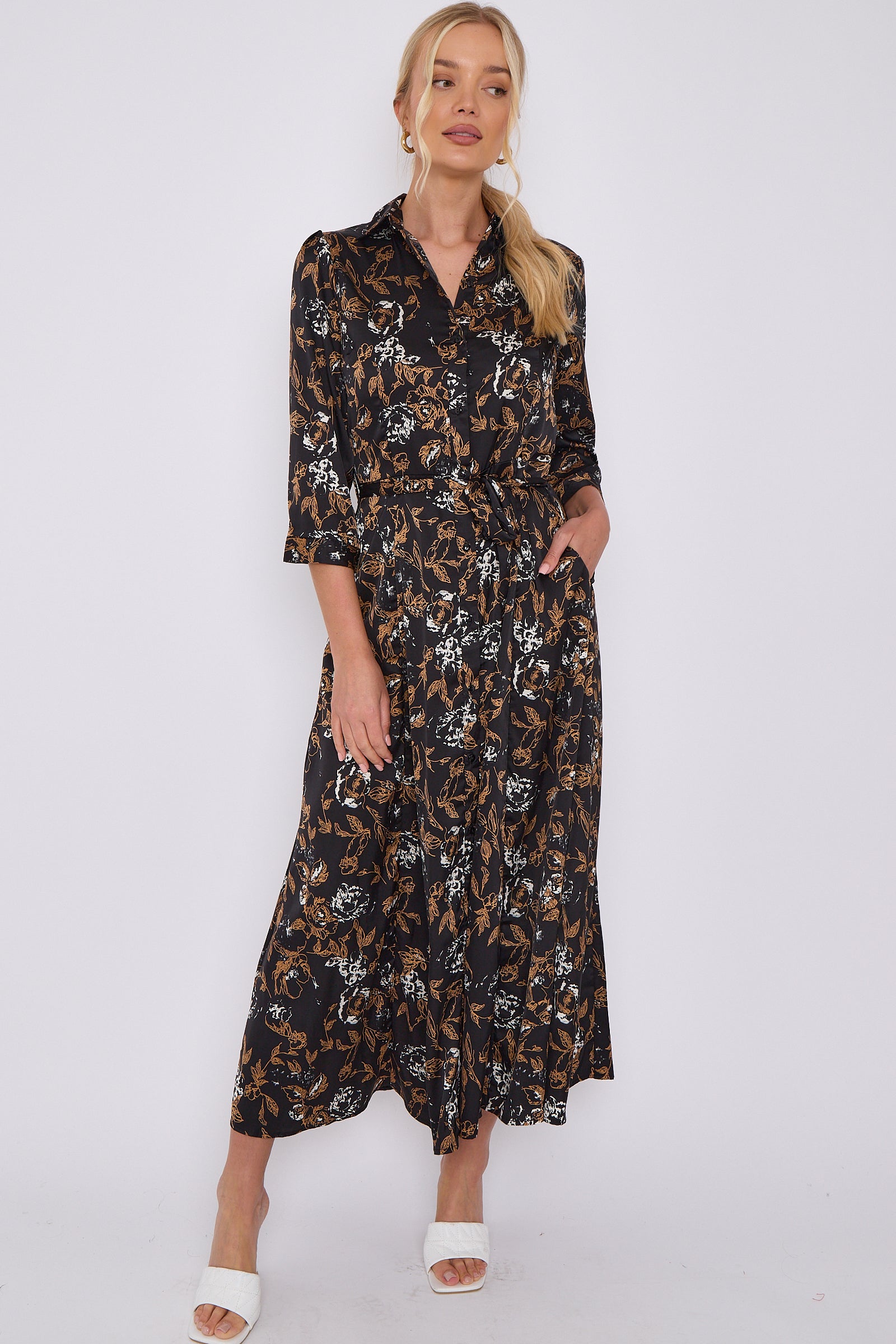 Black Floral Print Satin Maxi Shirt Dress