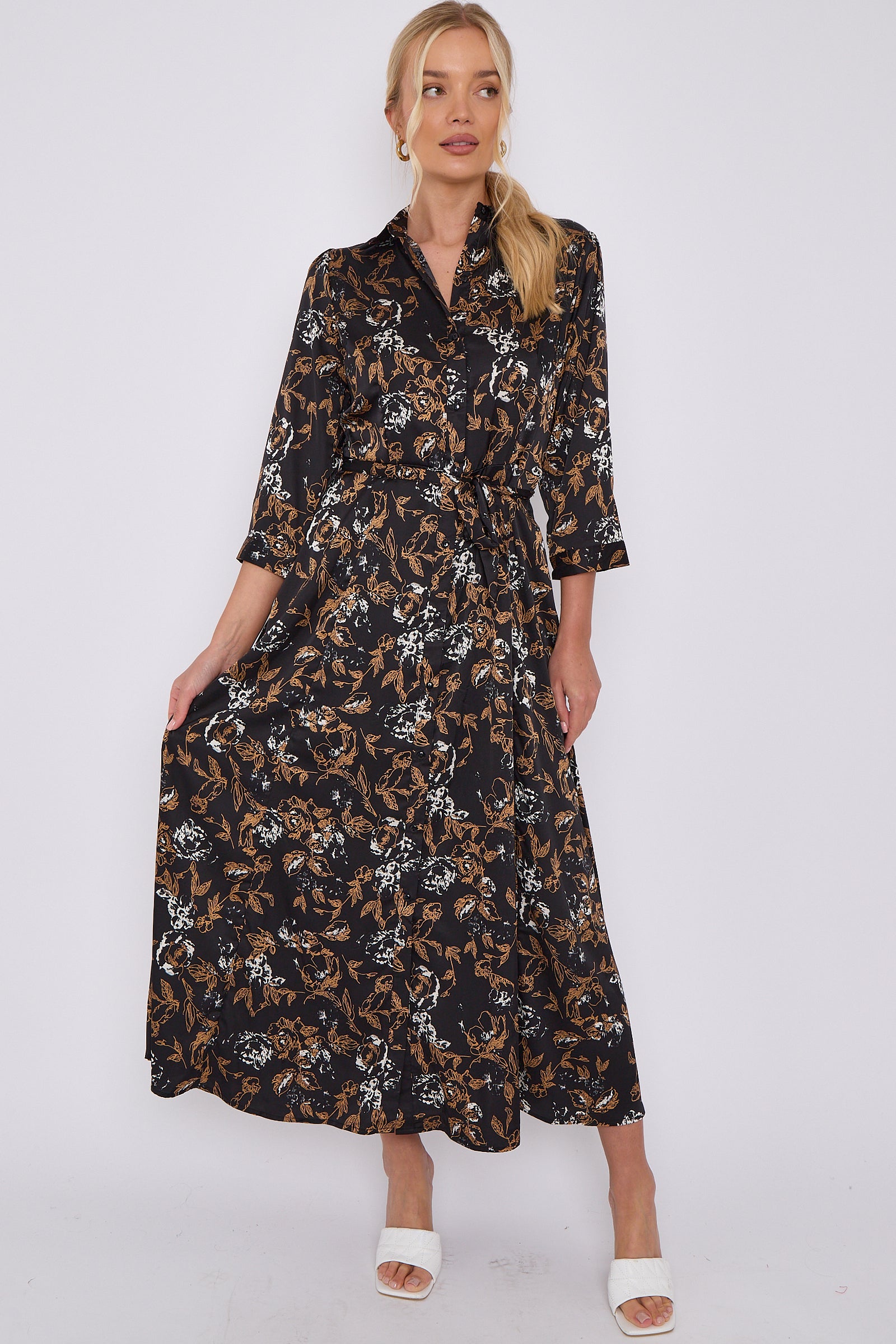 Black Floral Print Satin Maxi Shirt Dress