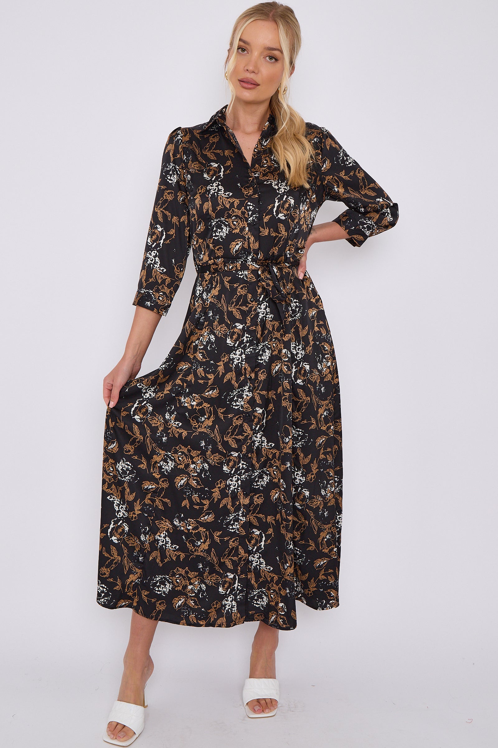 Black Floral Print Satin Maxi Shirt Dress