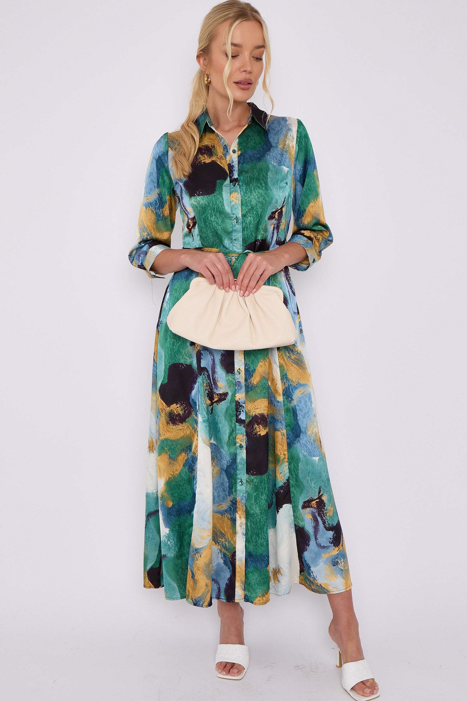 Green Abstract Print Satin Maxi Shirt Dress