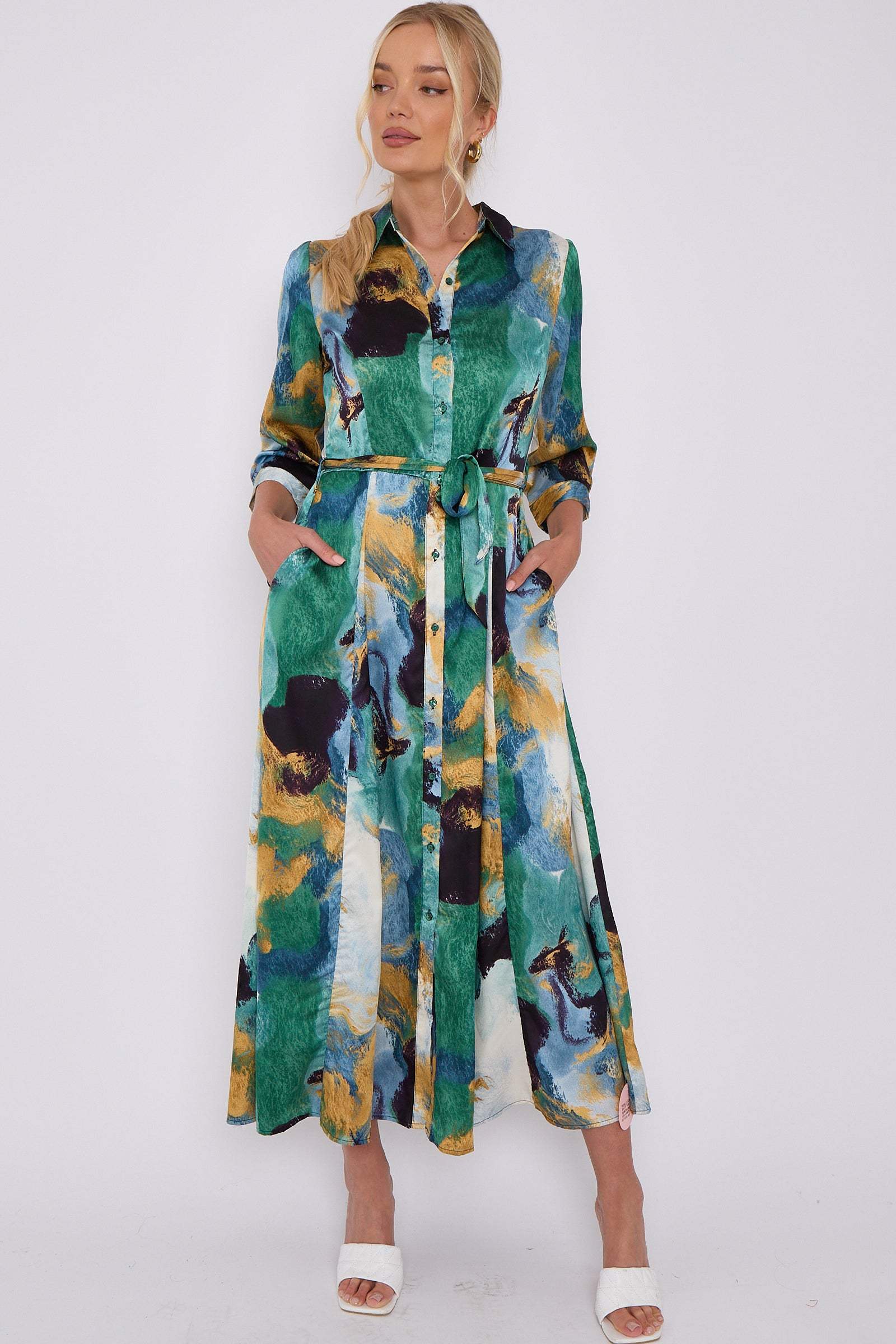 Green Abstract Print Satin Maxi Shirt Dress