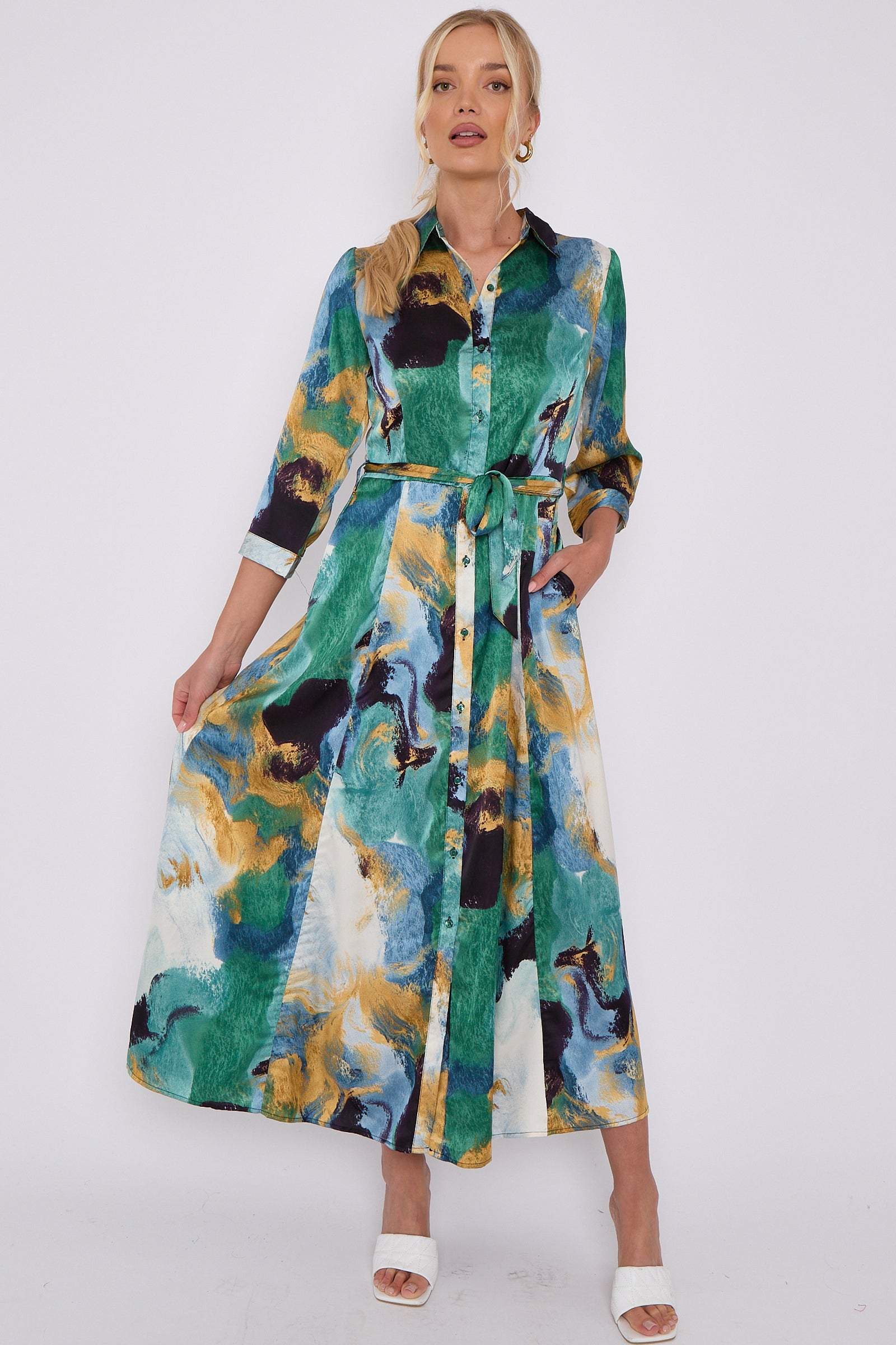 Green Abstract Print Satin Maxi Shirt Dress