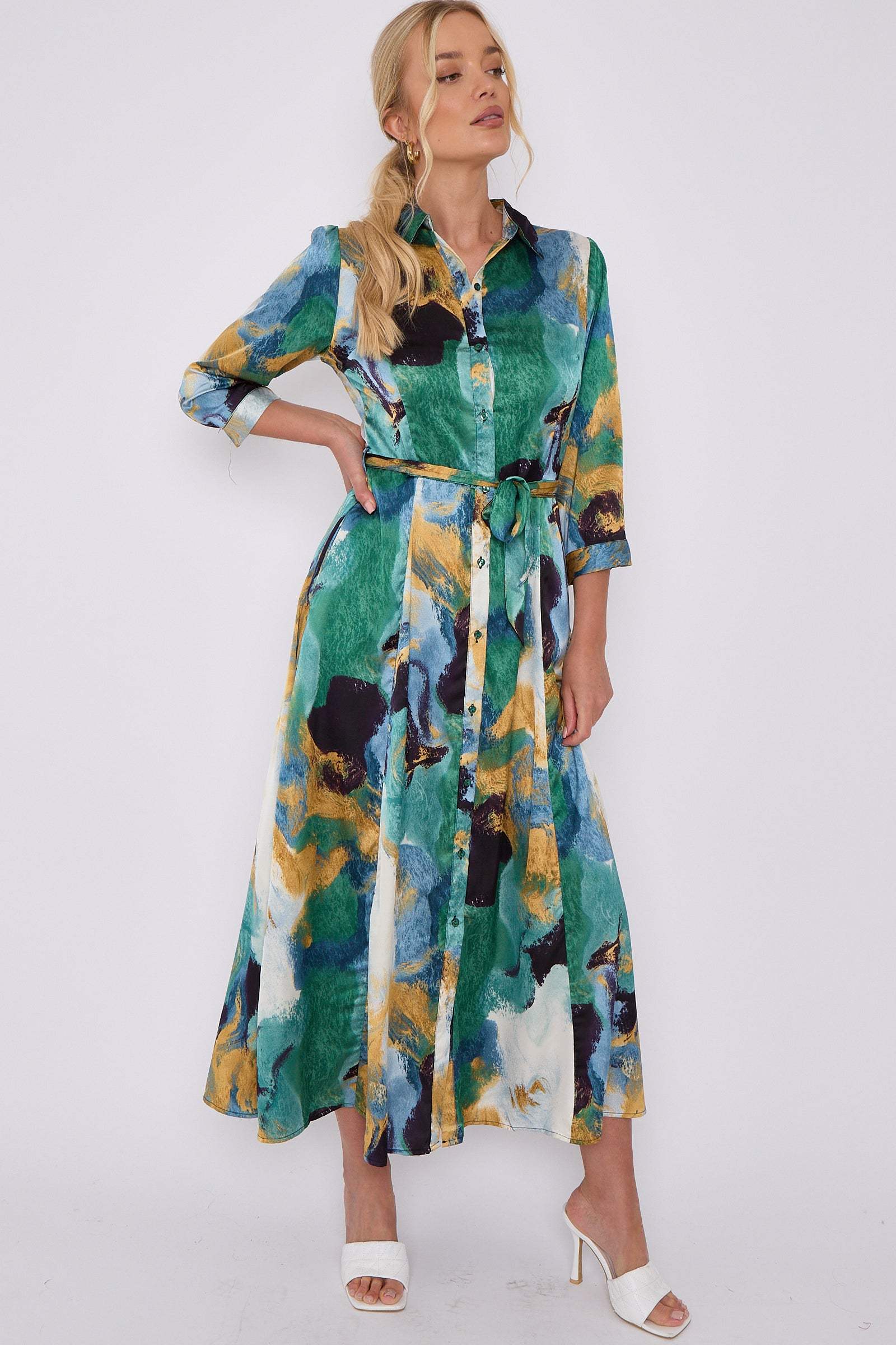 Green Abstract Print Satin Maxi Shirt Dress