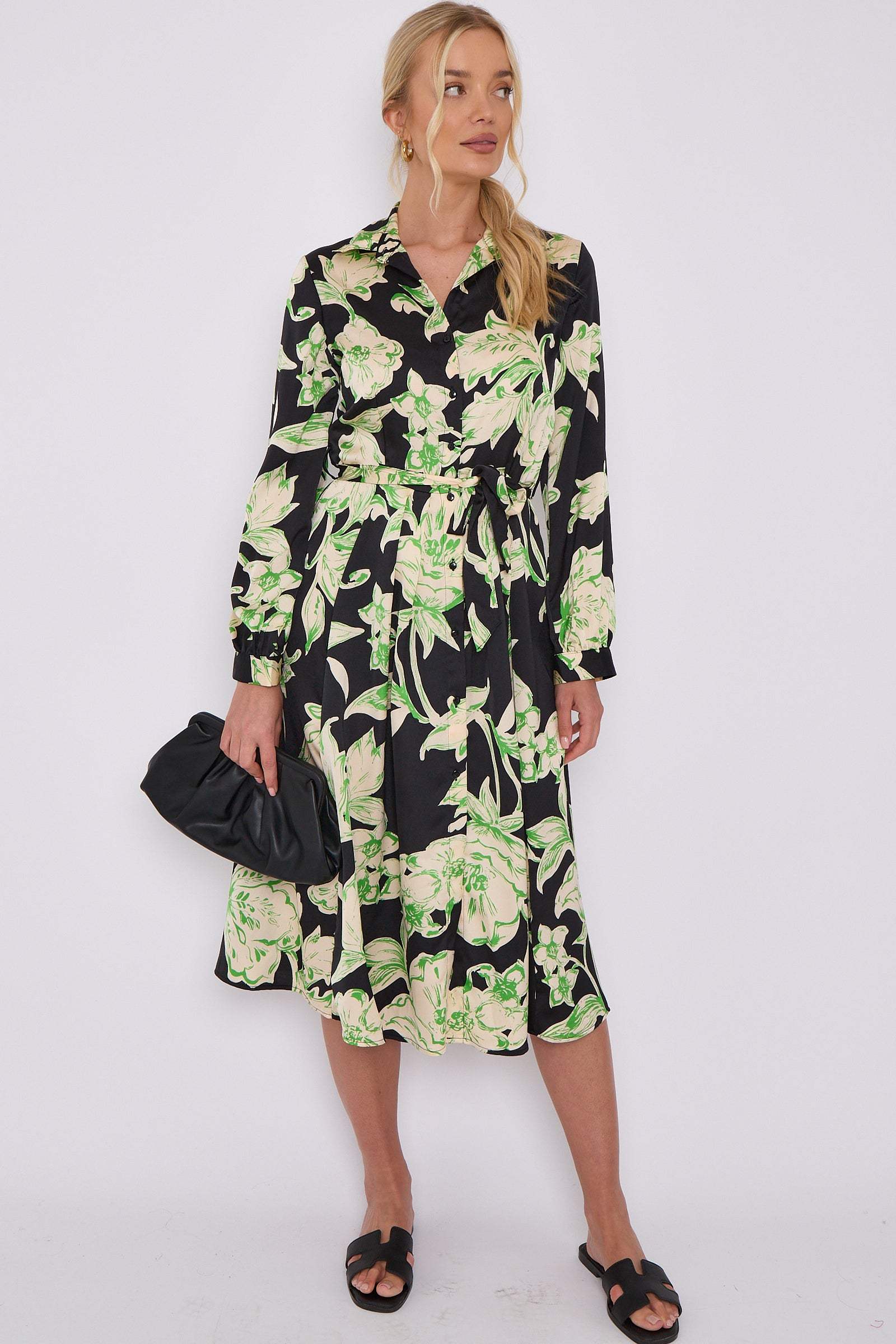 Green Floral Black Satin Belted Midi Shirt Dress