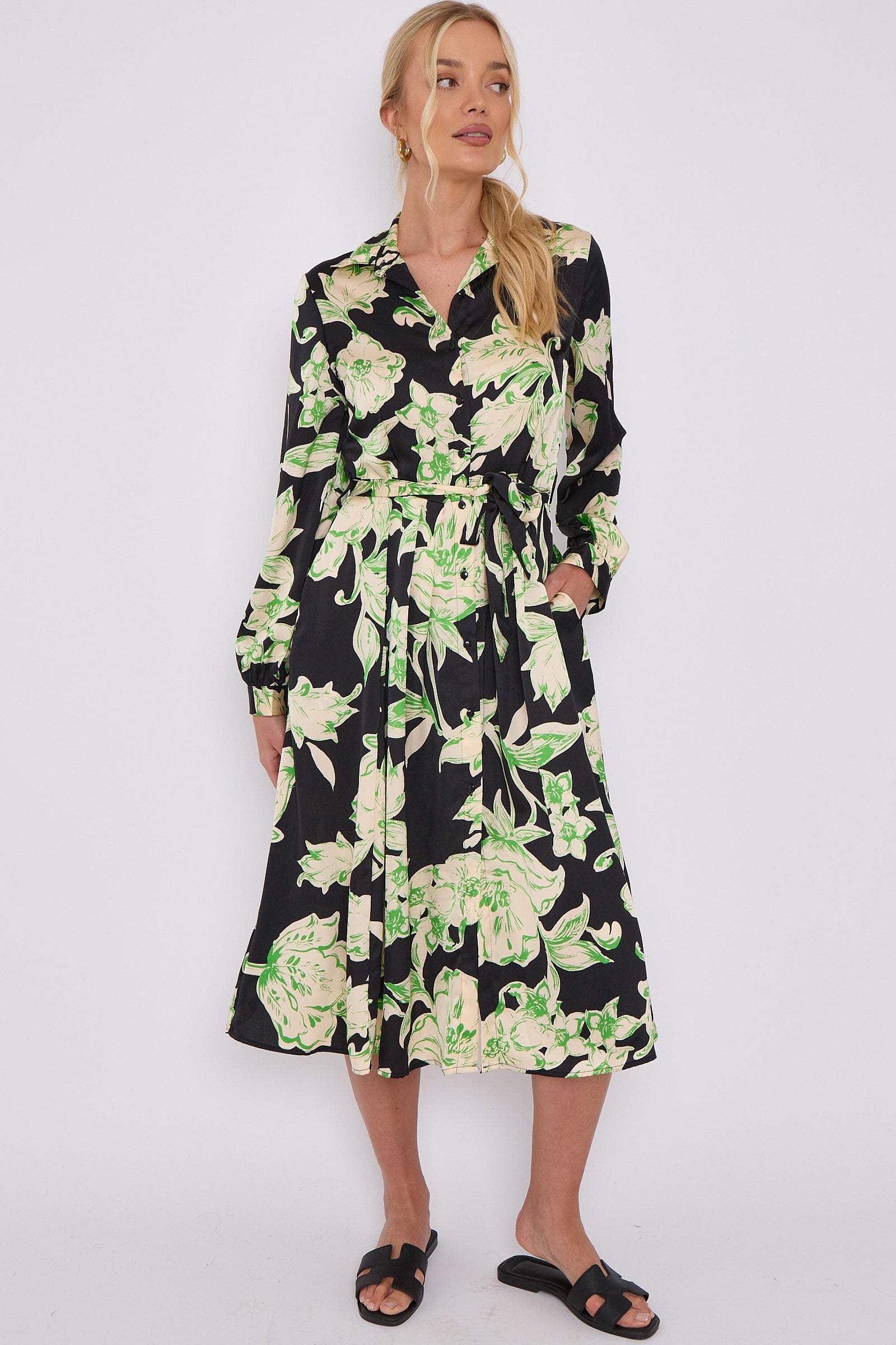 Green Floral Black Satin Belted Midi Shirt Dress