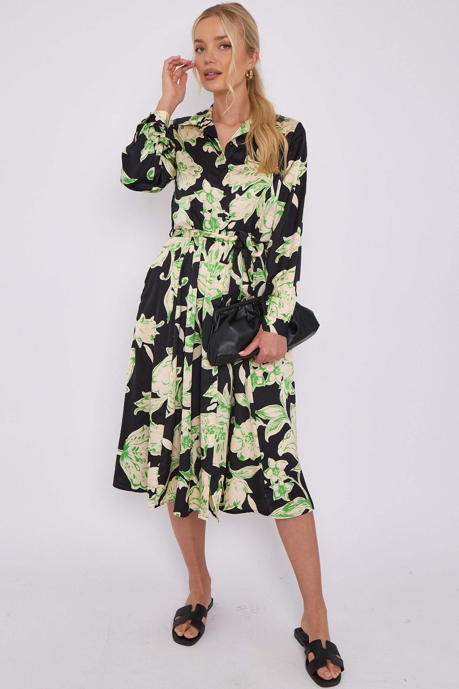 Green Floral Black Satin Belted Midi Shirt Dress