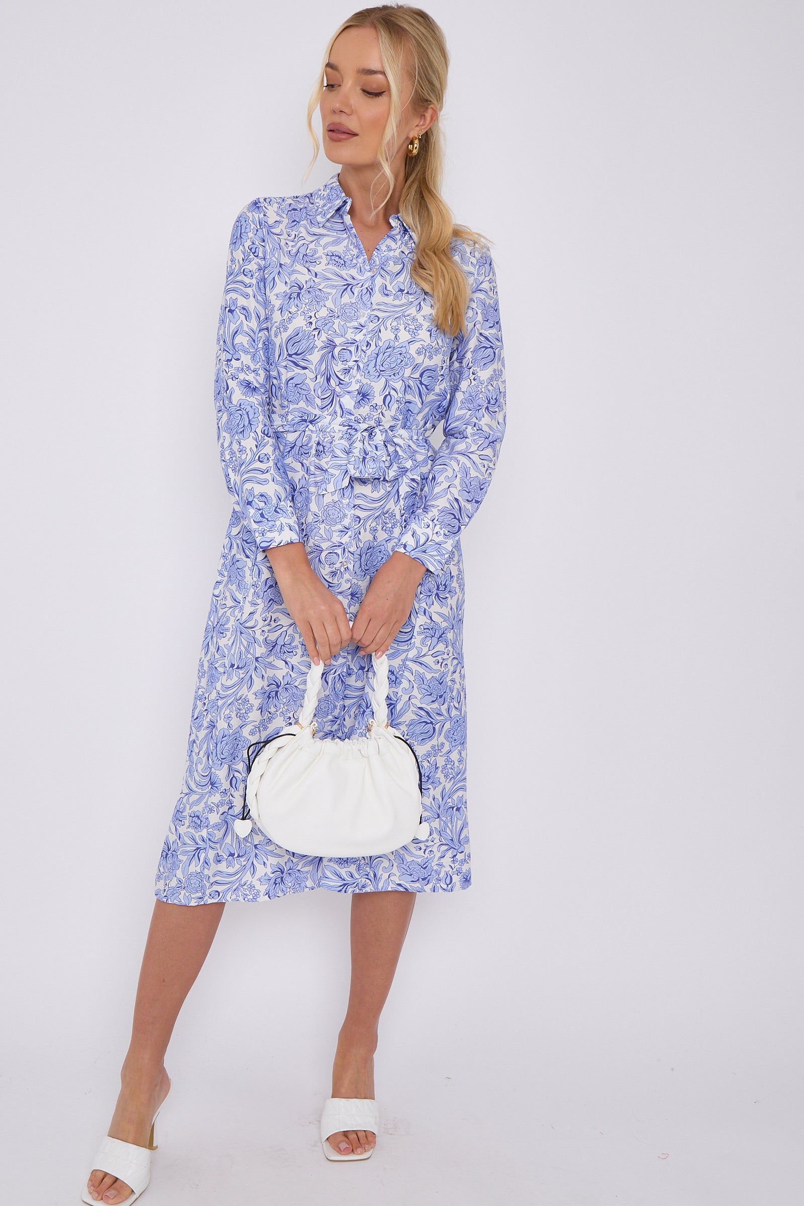 Blue Rose Floral Print Long Sleeve Midi Shirt Dress