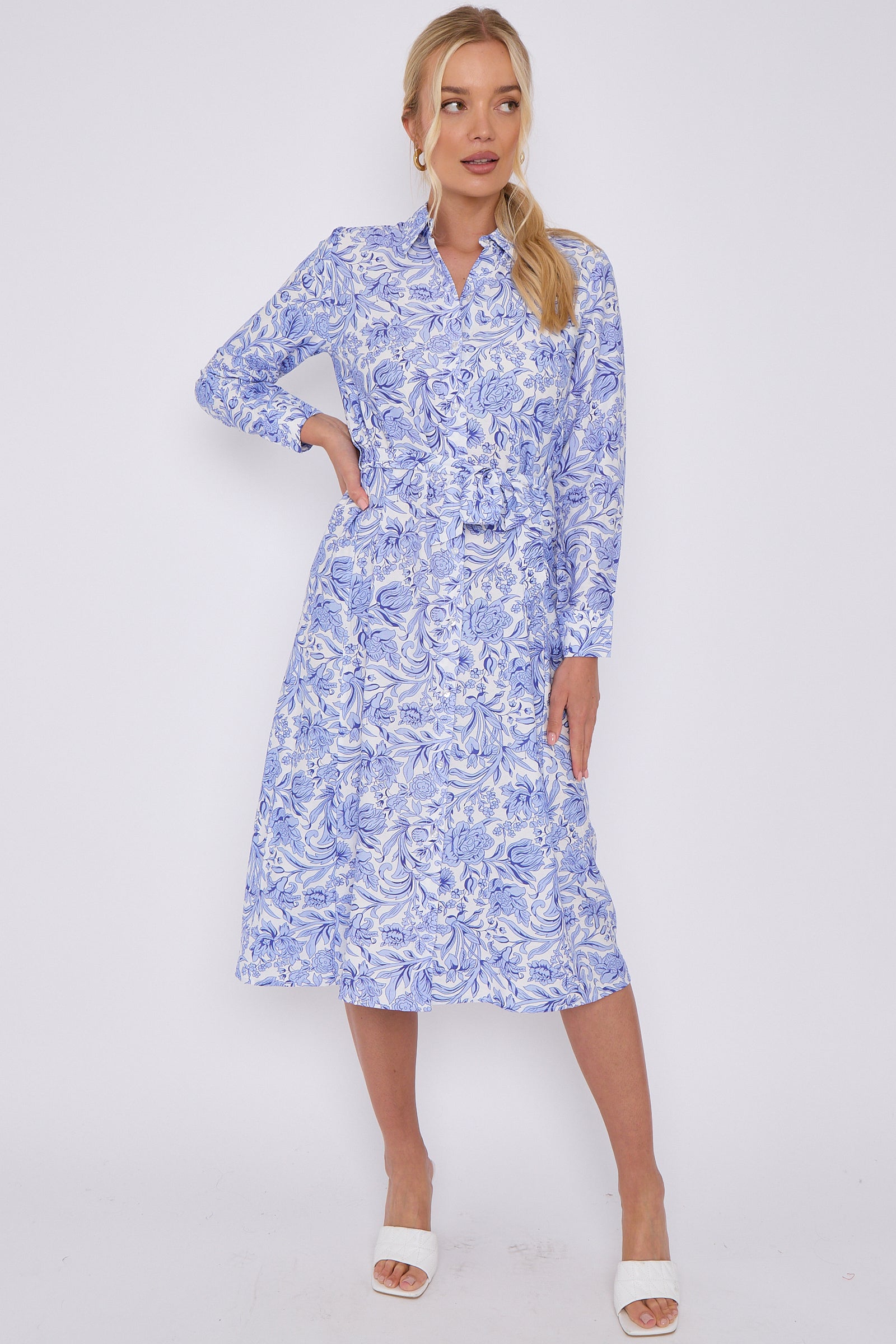 Blue Rose Floral Print Long Sleeve Midi Shirt Dress