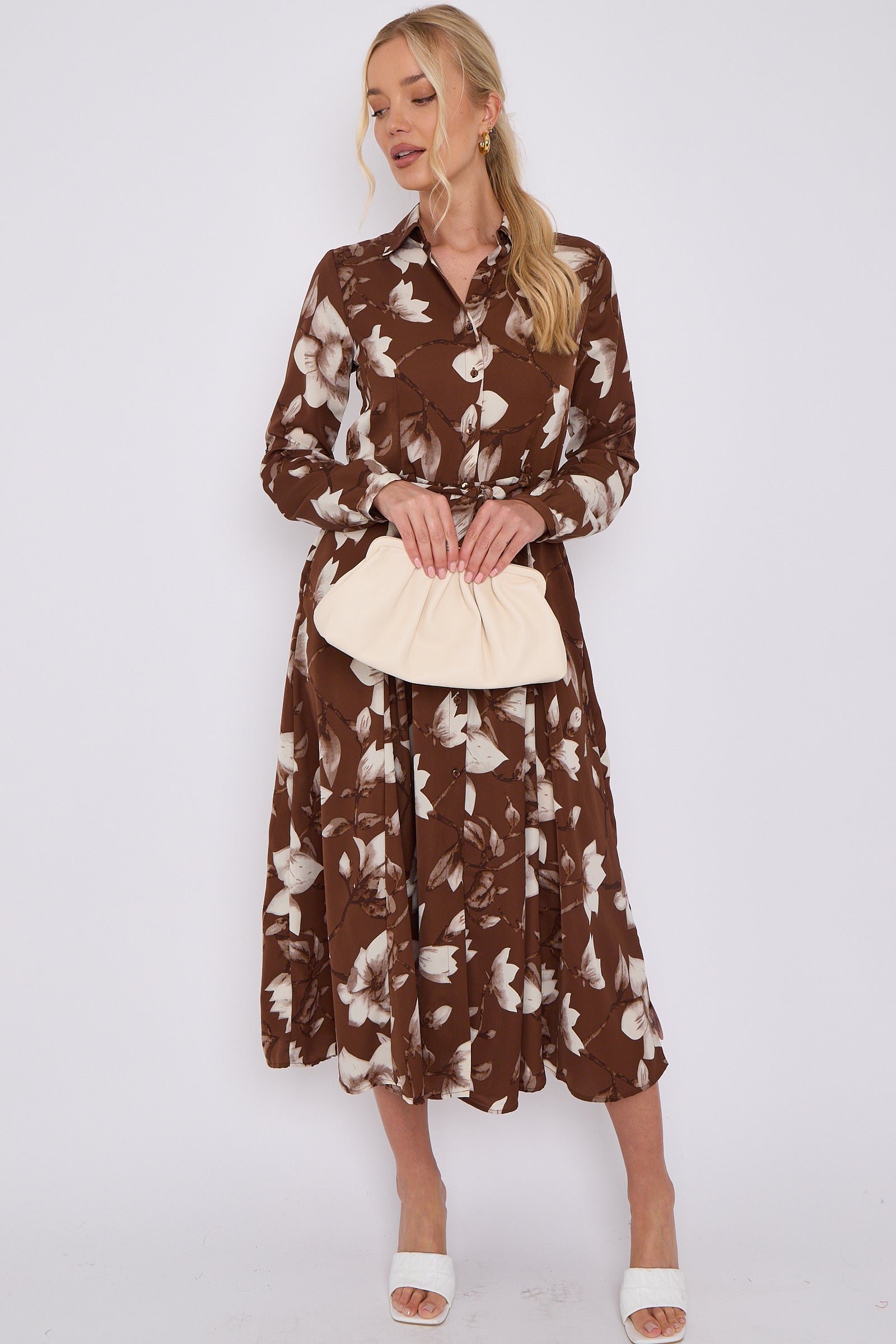 Brown Floral Print Midaxi Shirt Dress