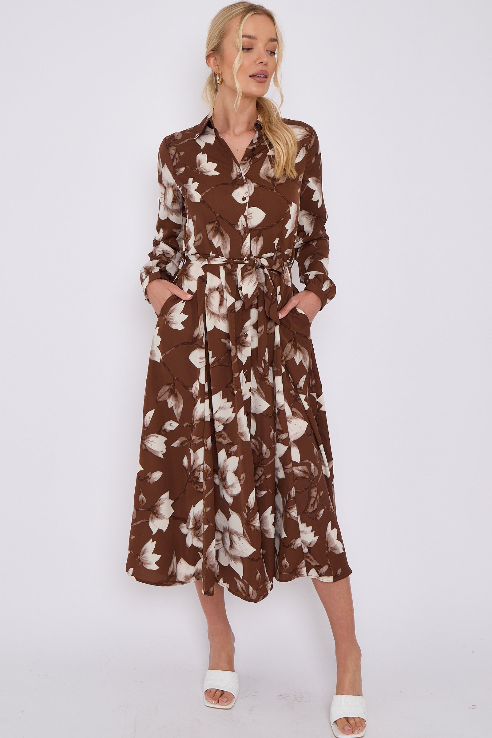 Brown Floral Print Midaxi Shirt Dress