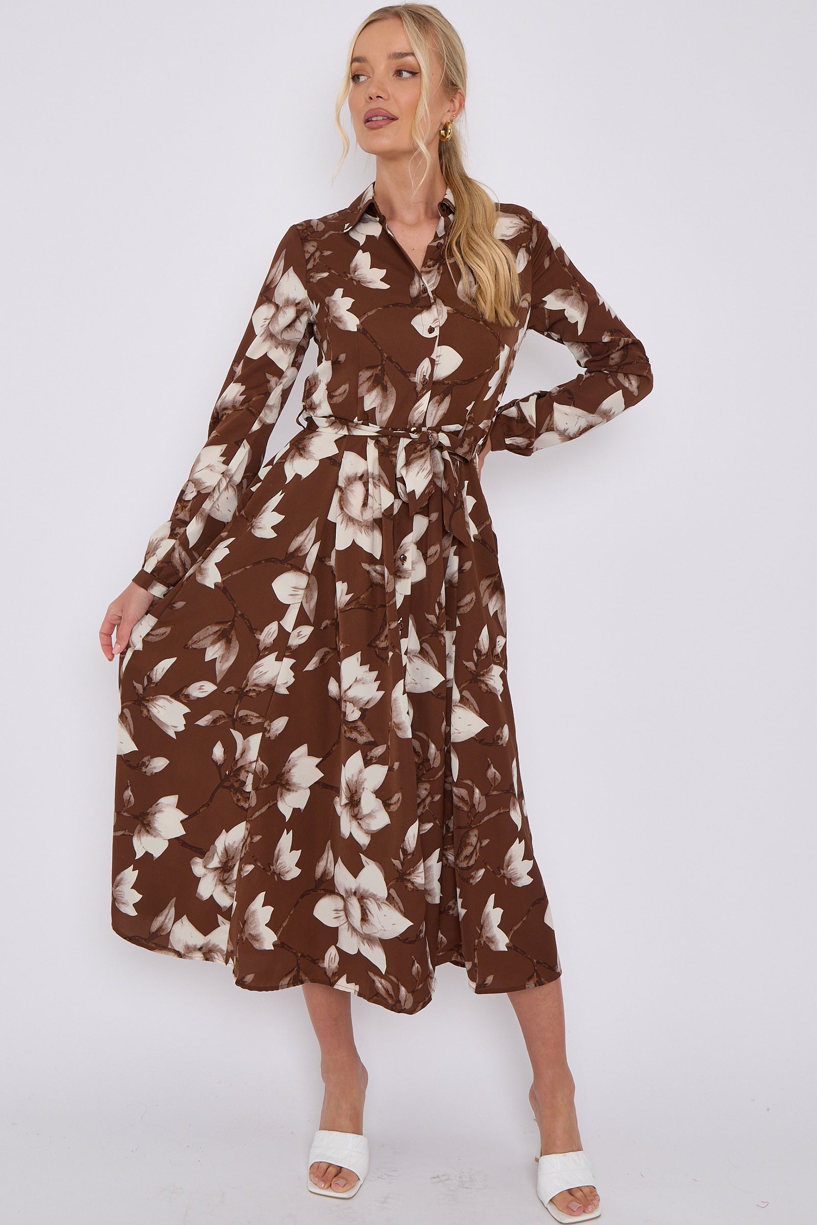 Brown Floral Print Midaxi Shirt Dress