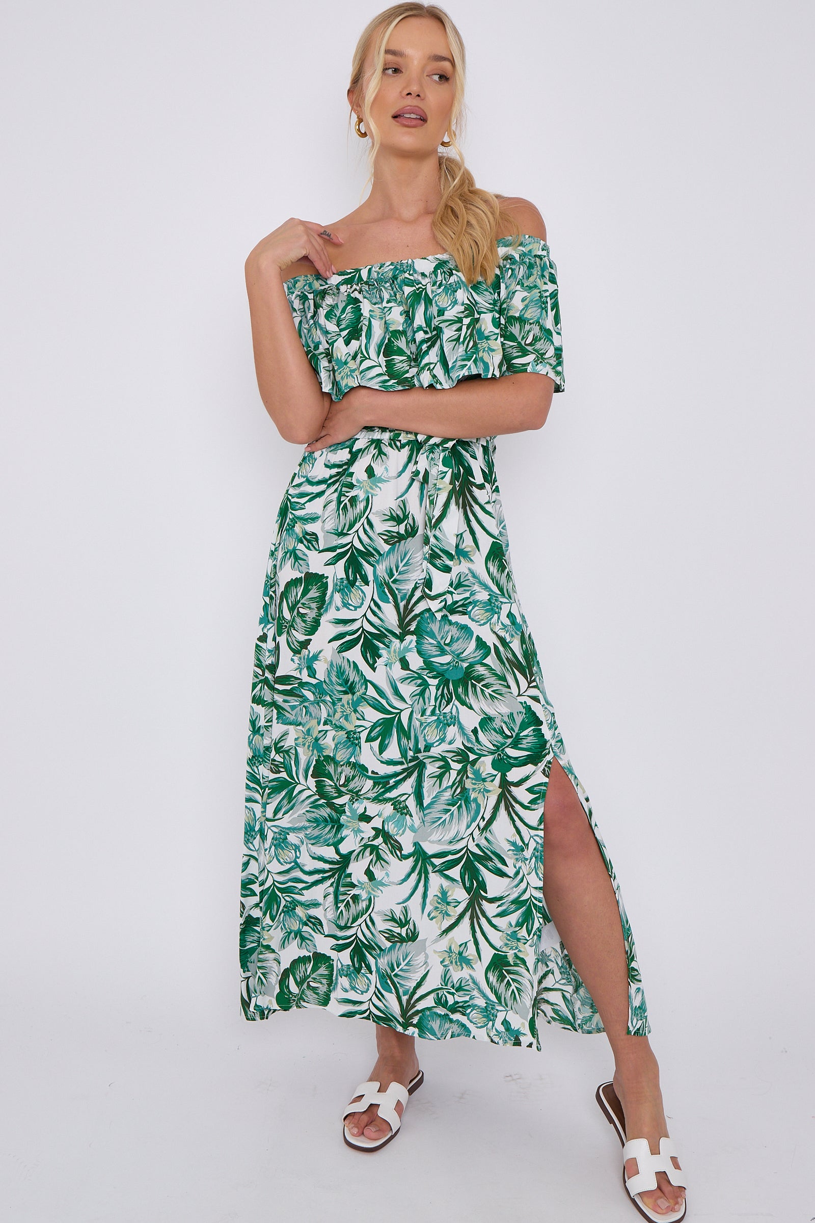 Green Leaf Floral Print Bardot Maxi Dress