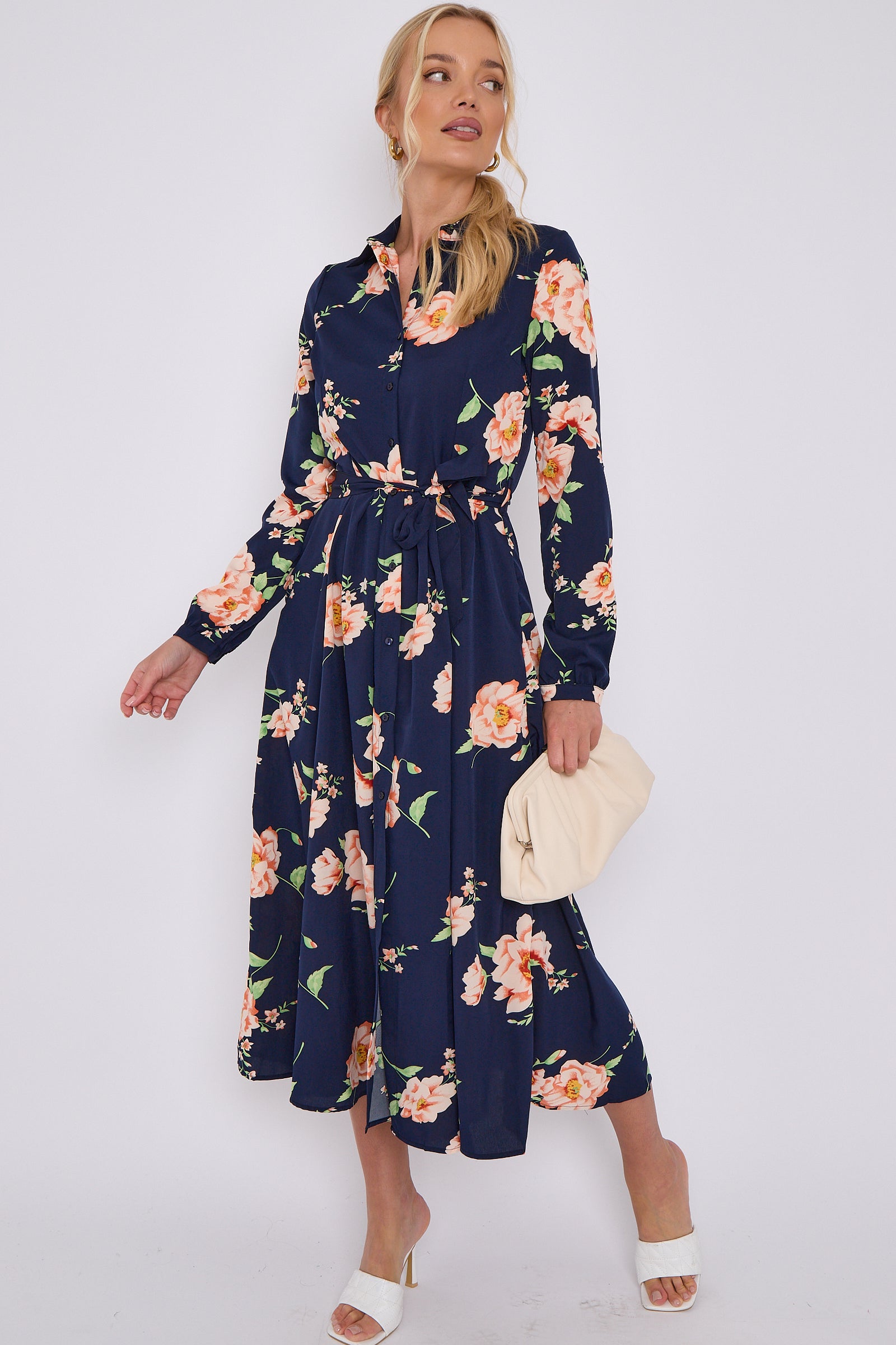 Navy Floral Print Midaxi Shirt Dress