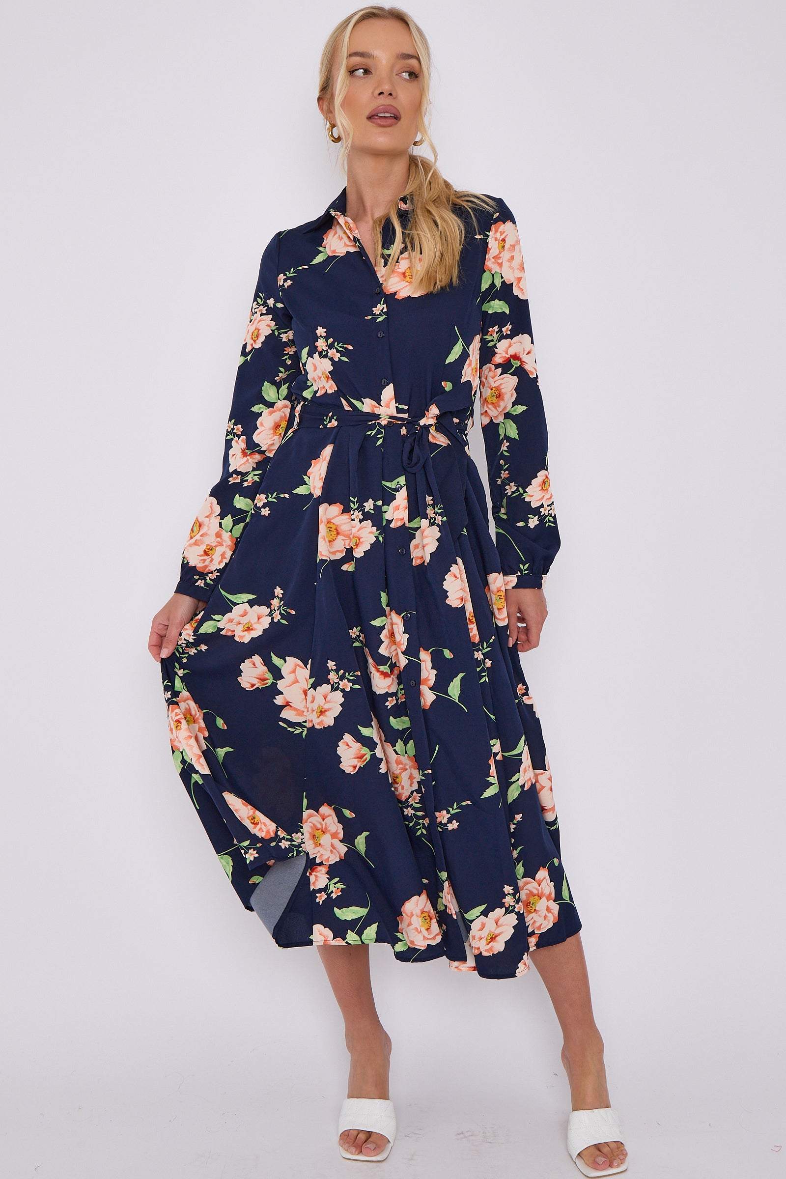 Navy Floral Print Midaxi Shirt Dress