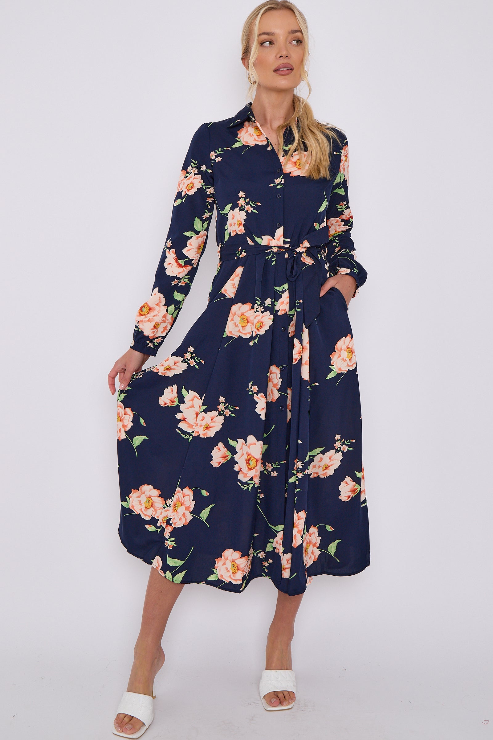 Navy Floral Print Midaxi Shirt Dress