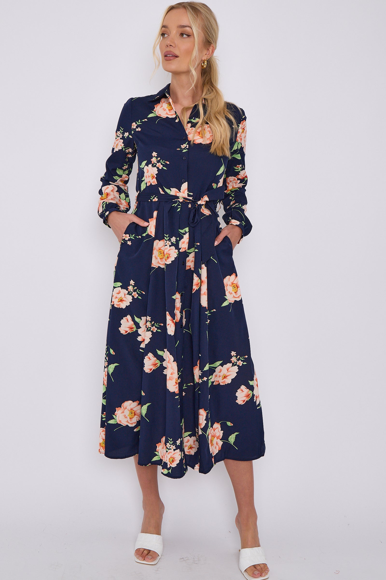 Navy Floral Print Midaxi Shirt Dress