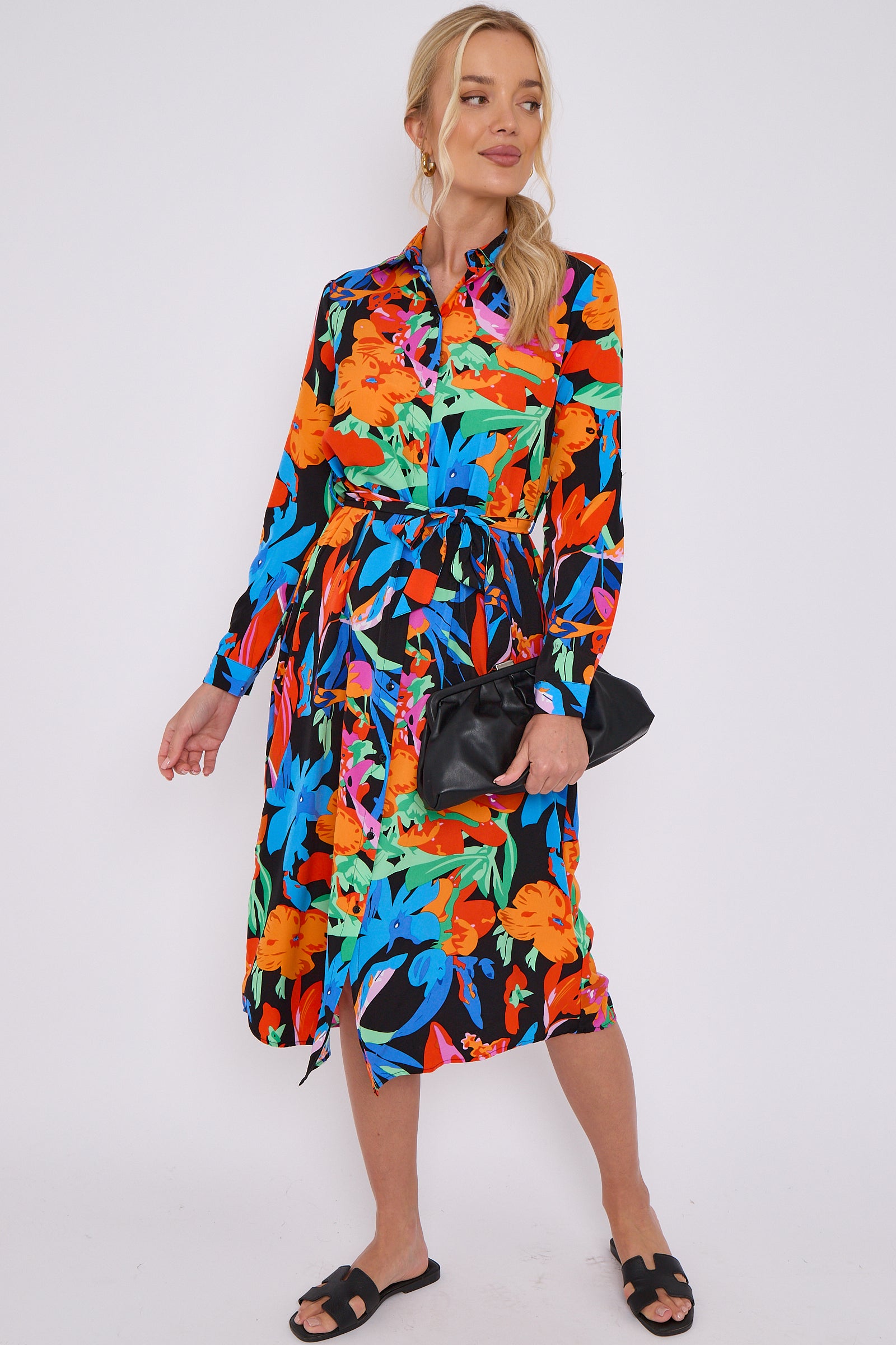 Astract Floral Print Midi Shirt Dress