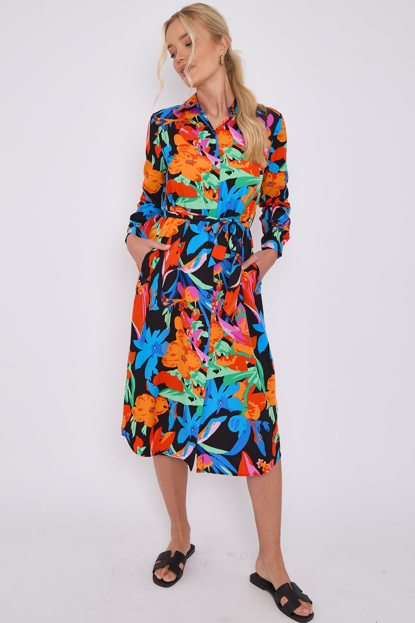 Astract Floral Print Midi Shirt Dress