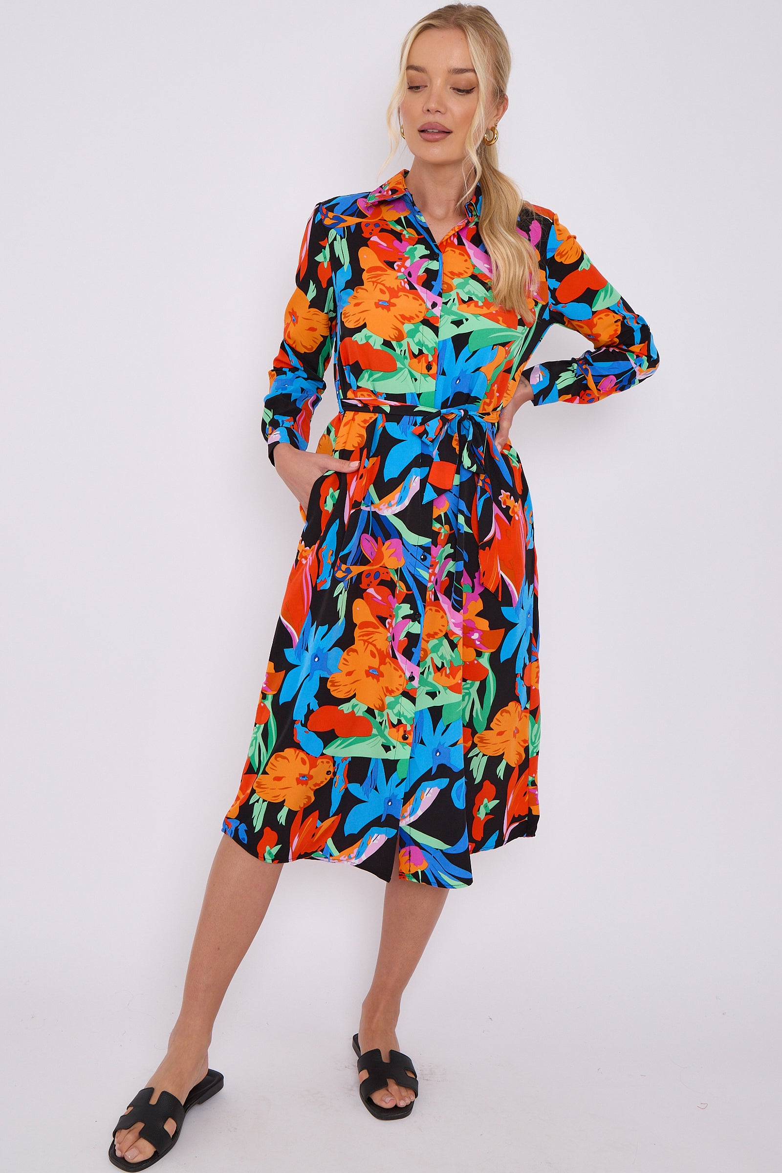 Astract Floral Print Midi Shirt Dress