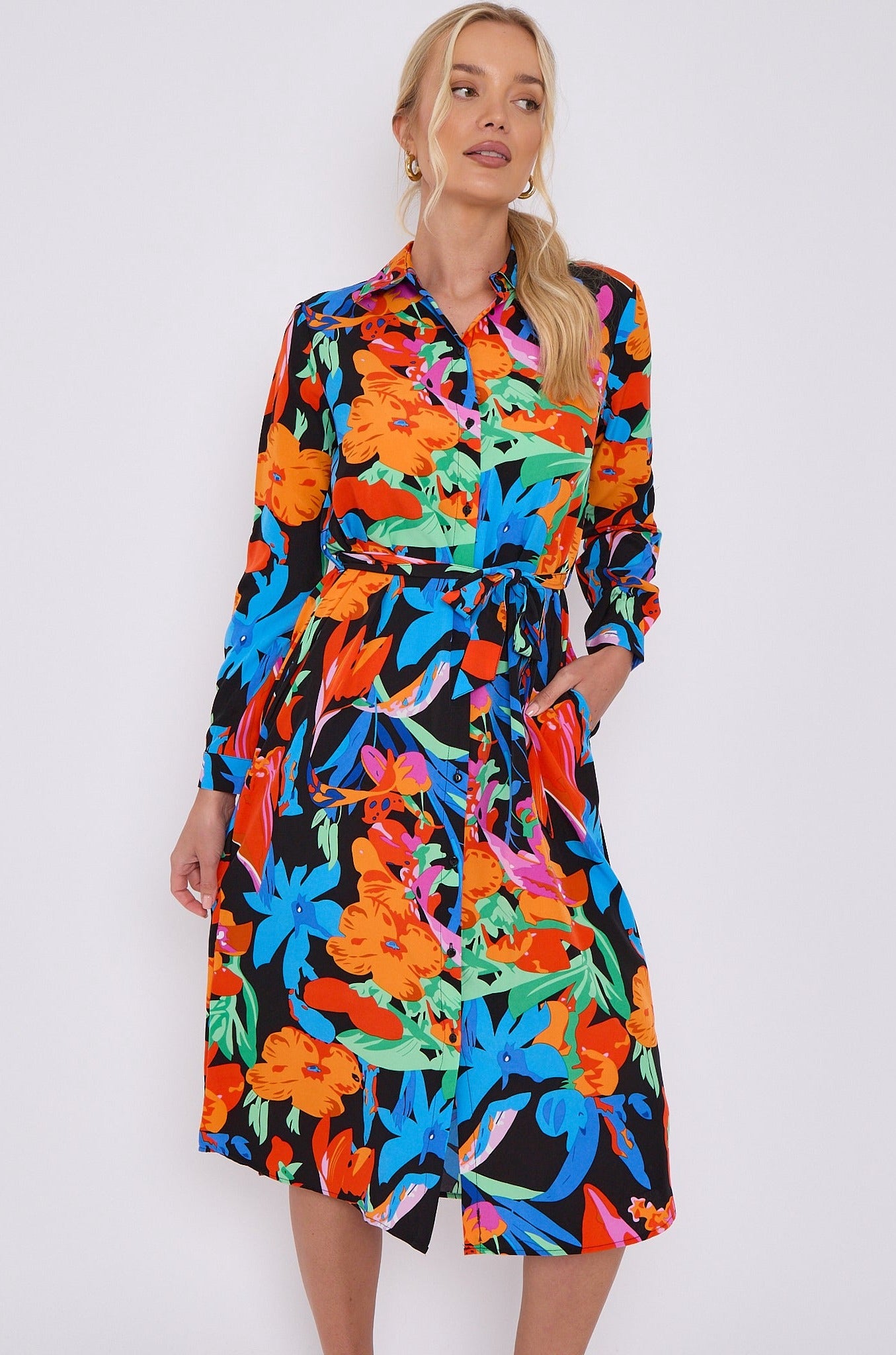 Astract Floral Print Midi Shirt Dress