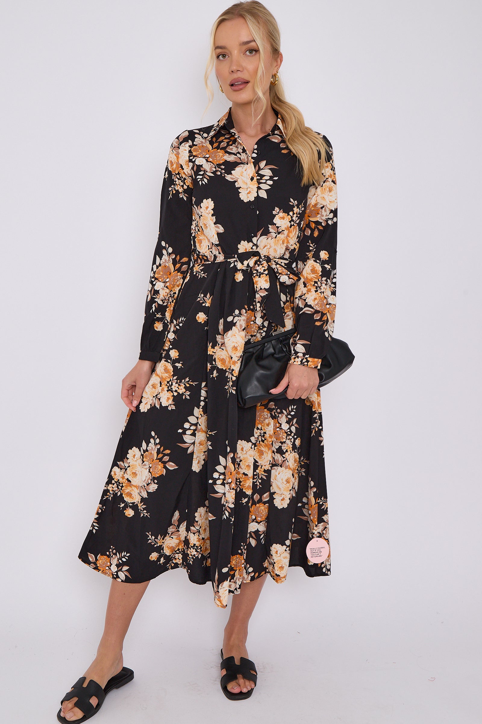 Black Floral Print Midaxi Shirt Dress