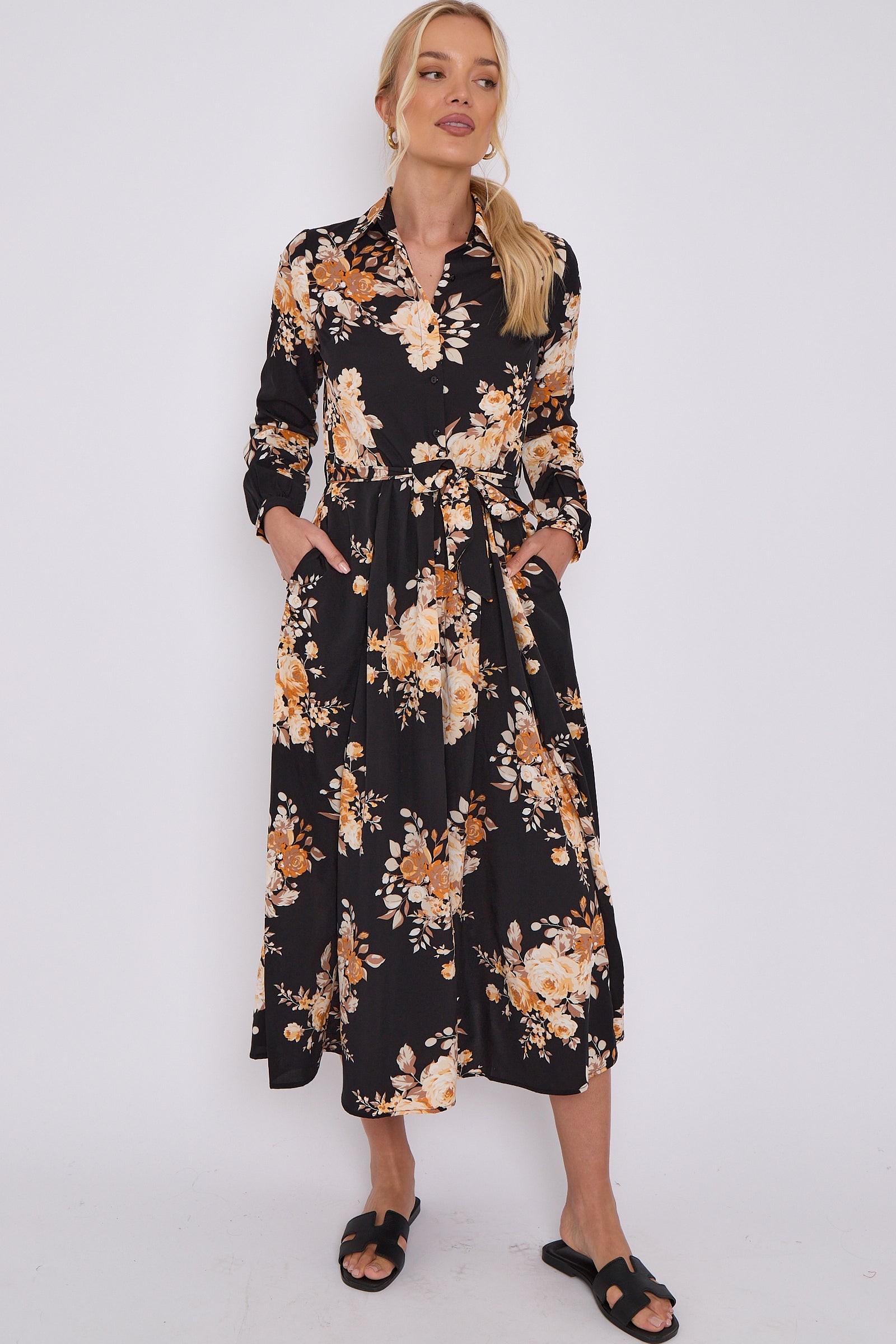 Black Floral Print Midaxi Shirt Dress