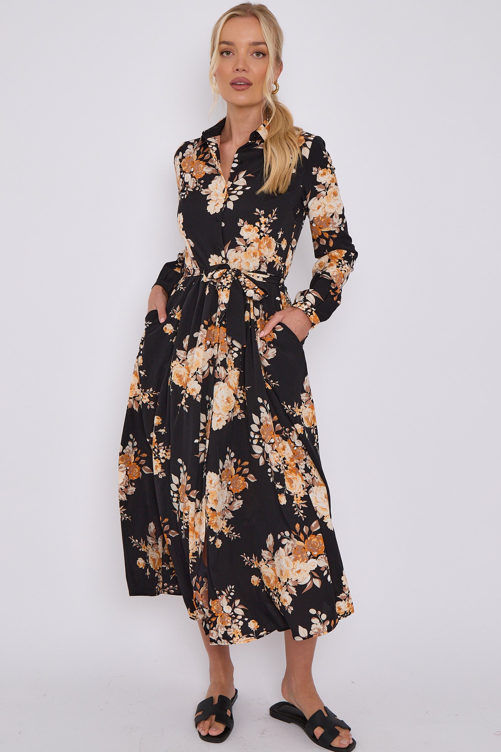 Black Floral Print Midaxi Shirt Dress