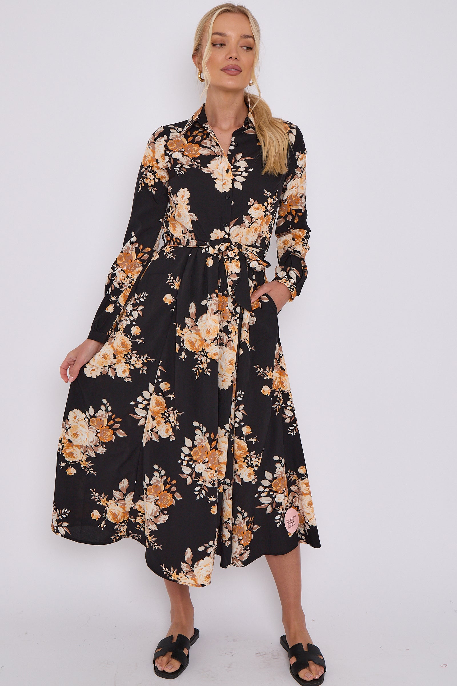 Black Floral Print Midaxi Shirt Dress