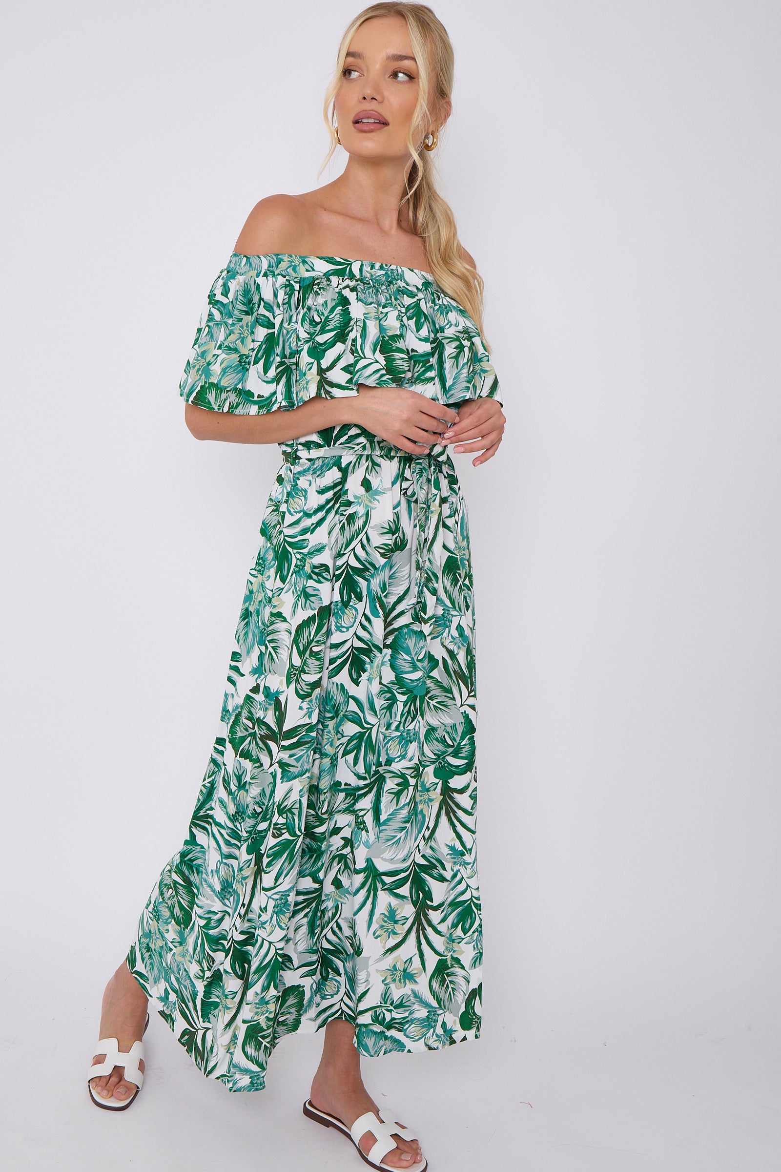 Green Leaf Floral Print Bardot Maxi Dress