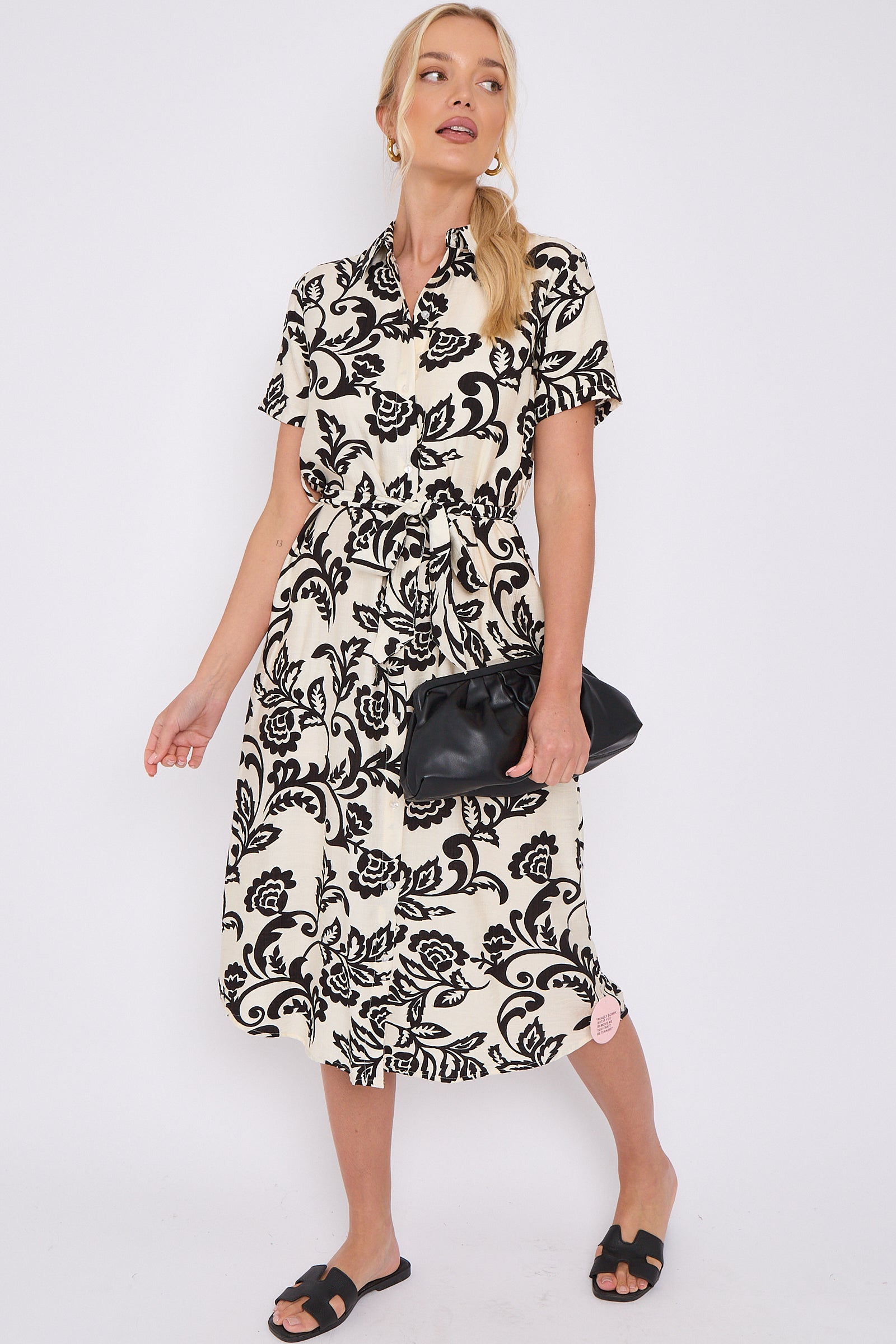 Black Floral Print Short Sleeve Midi Shirt Dress