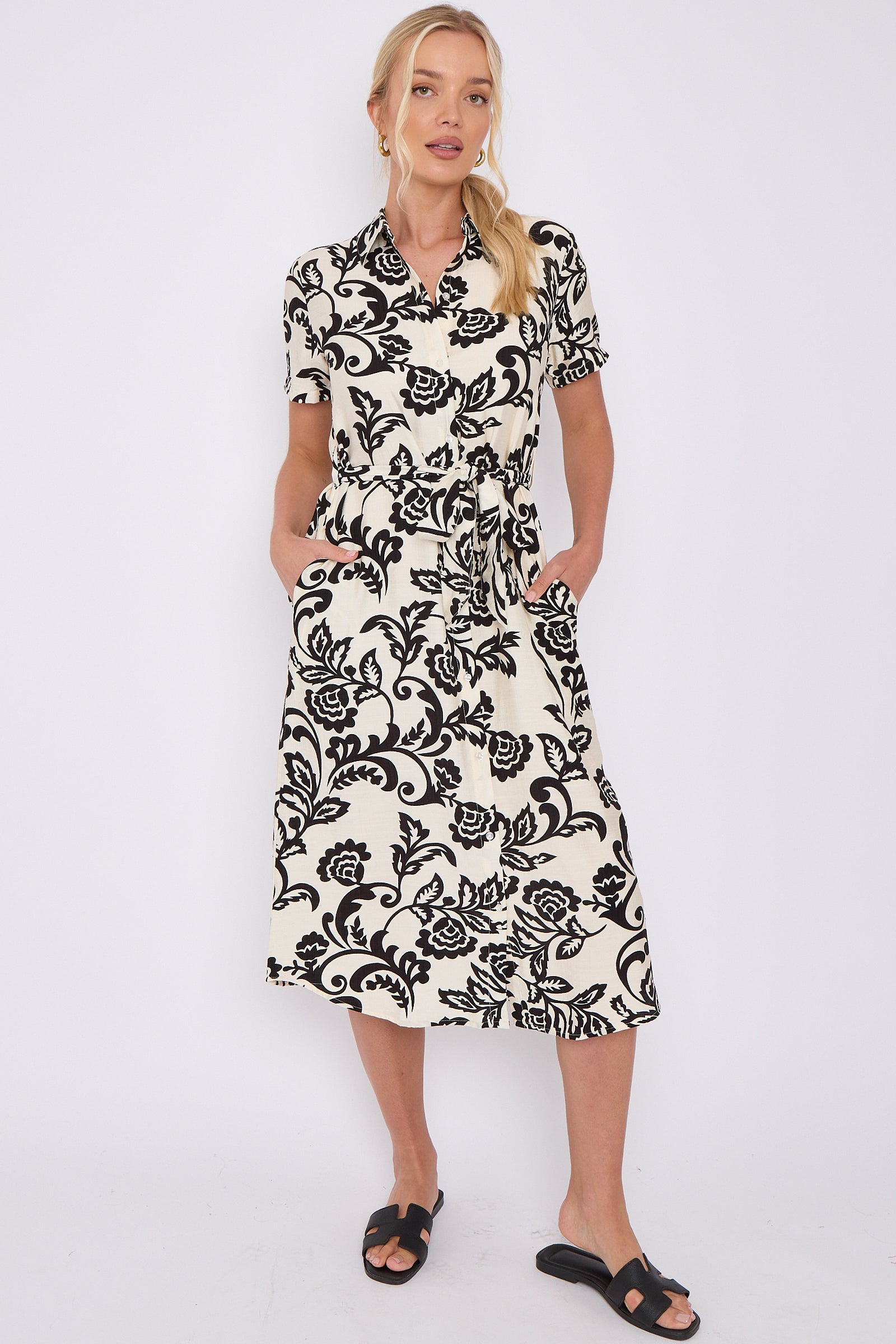 Black Floral Print Short Sleeve Midi Shirt Dress