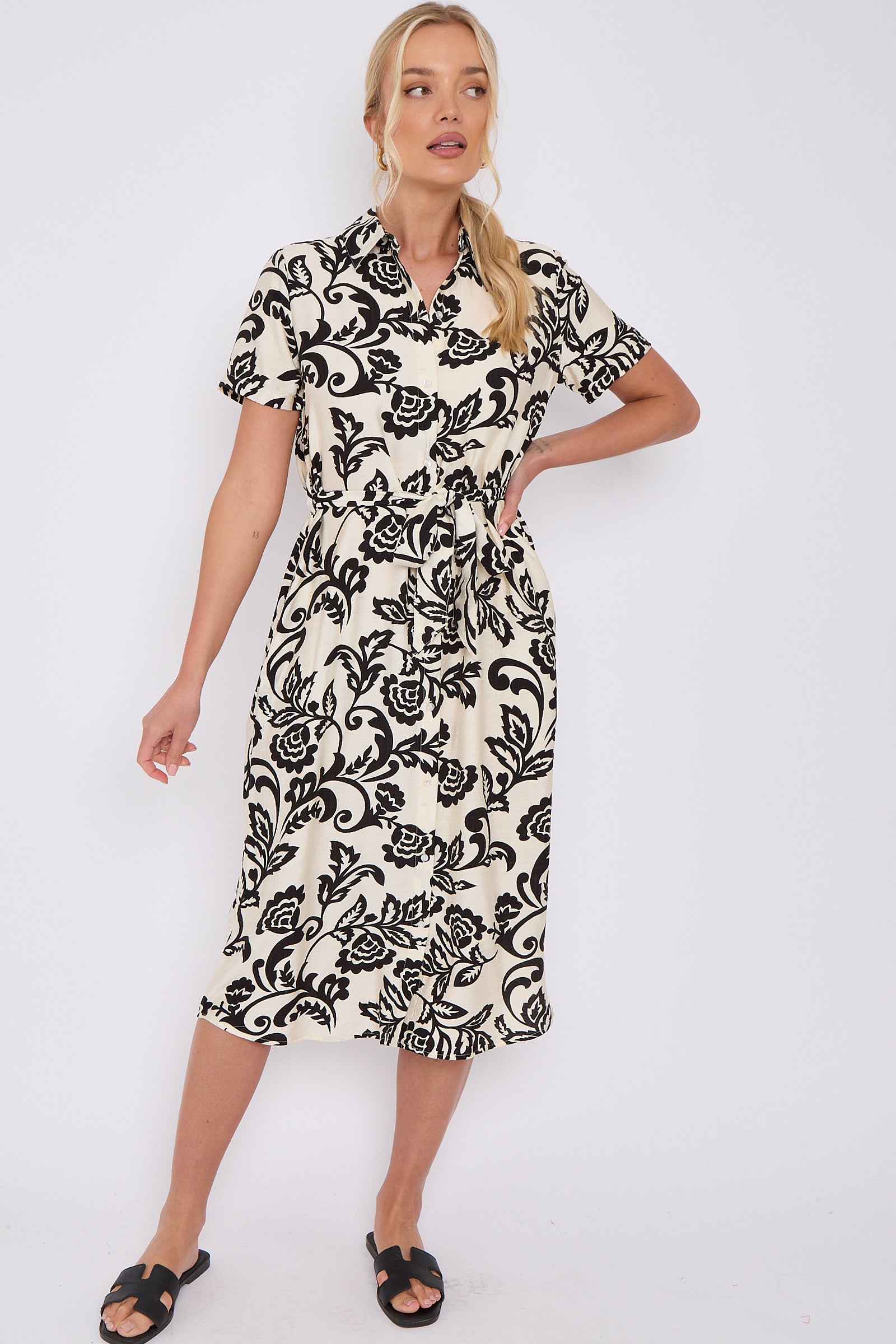 Black Floral Print Short Sleeve Midi Shirt Dress