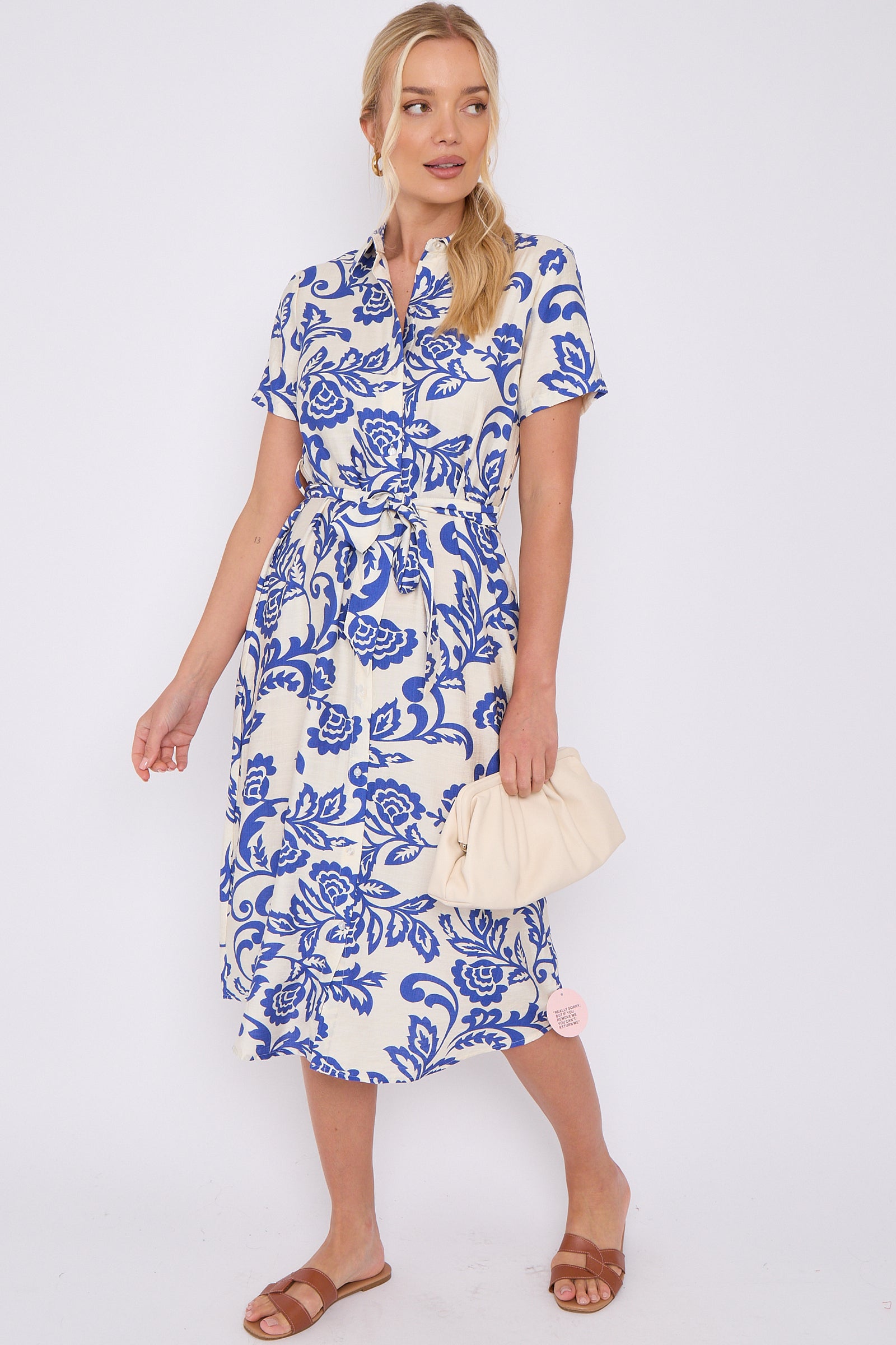 Blue Floral Print Short Sleeve Midi Shirt Dress