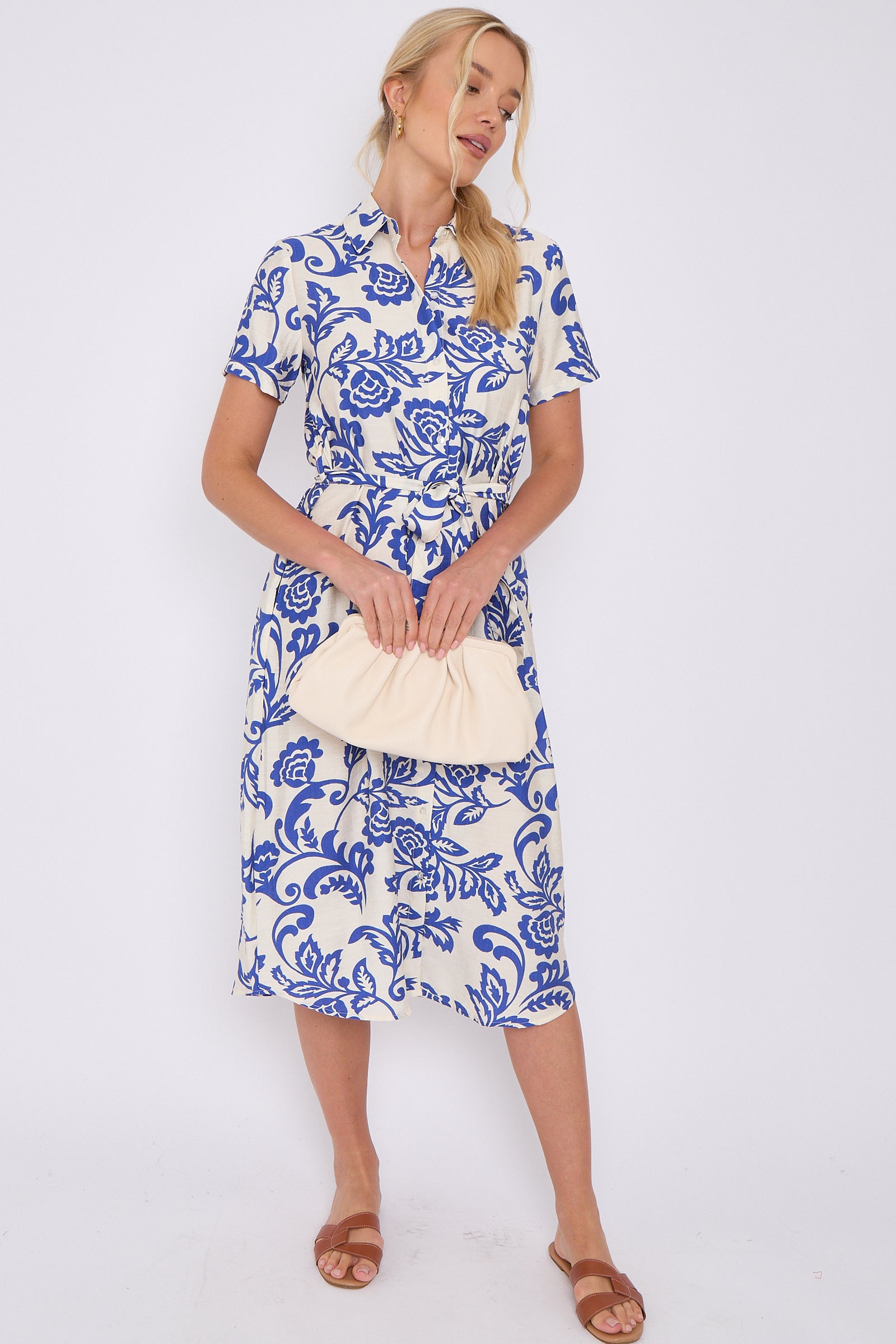 Blue Floral Print Short Sleeve Midi Shirt Dress