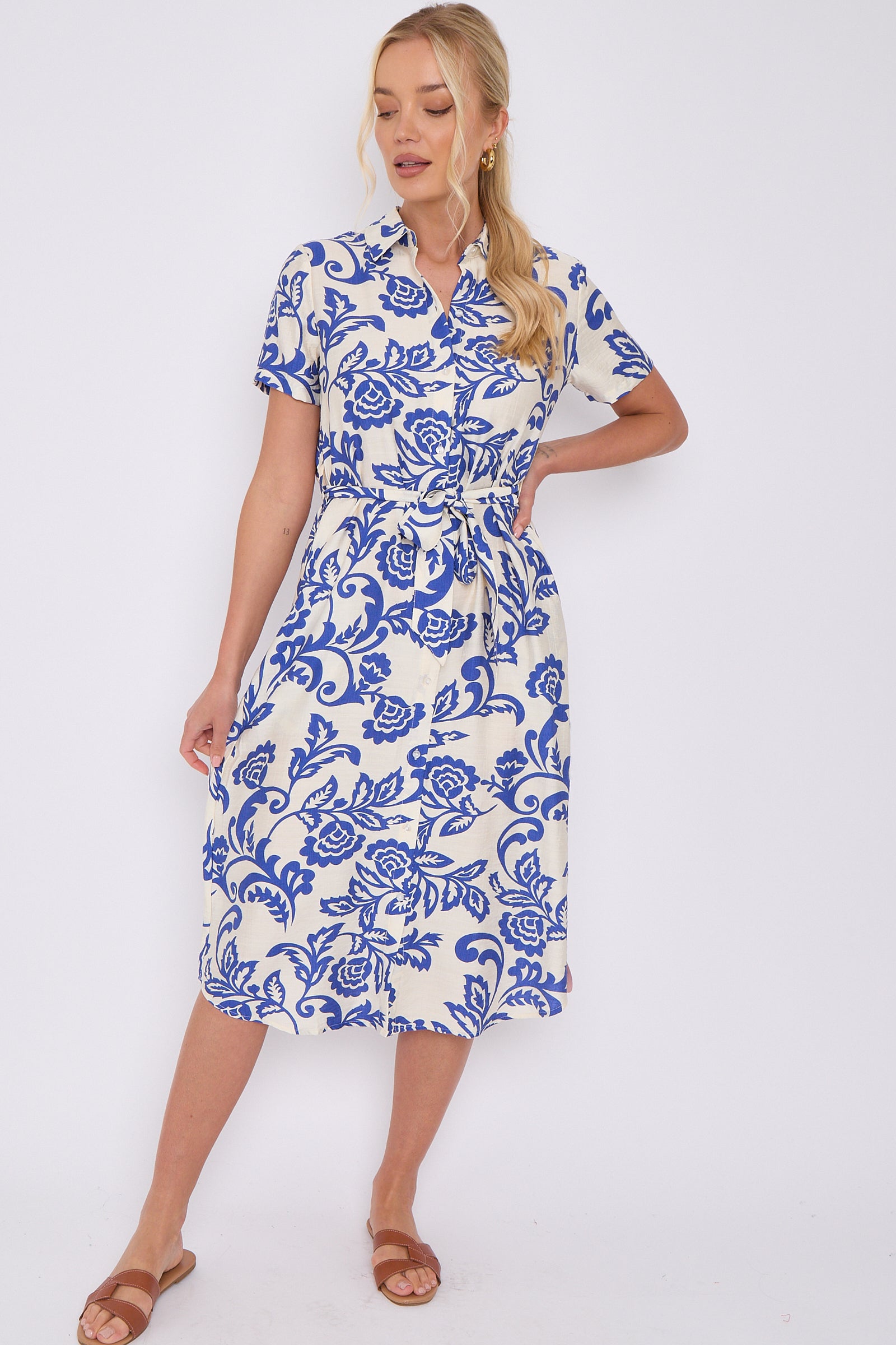 Blue Floral Print Short Sleeve Midi Shirt Dress