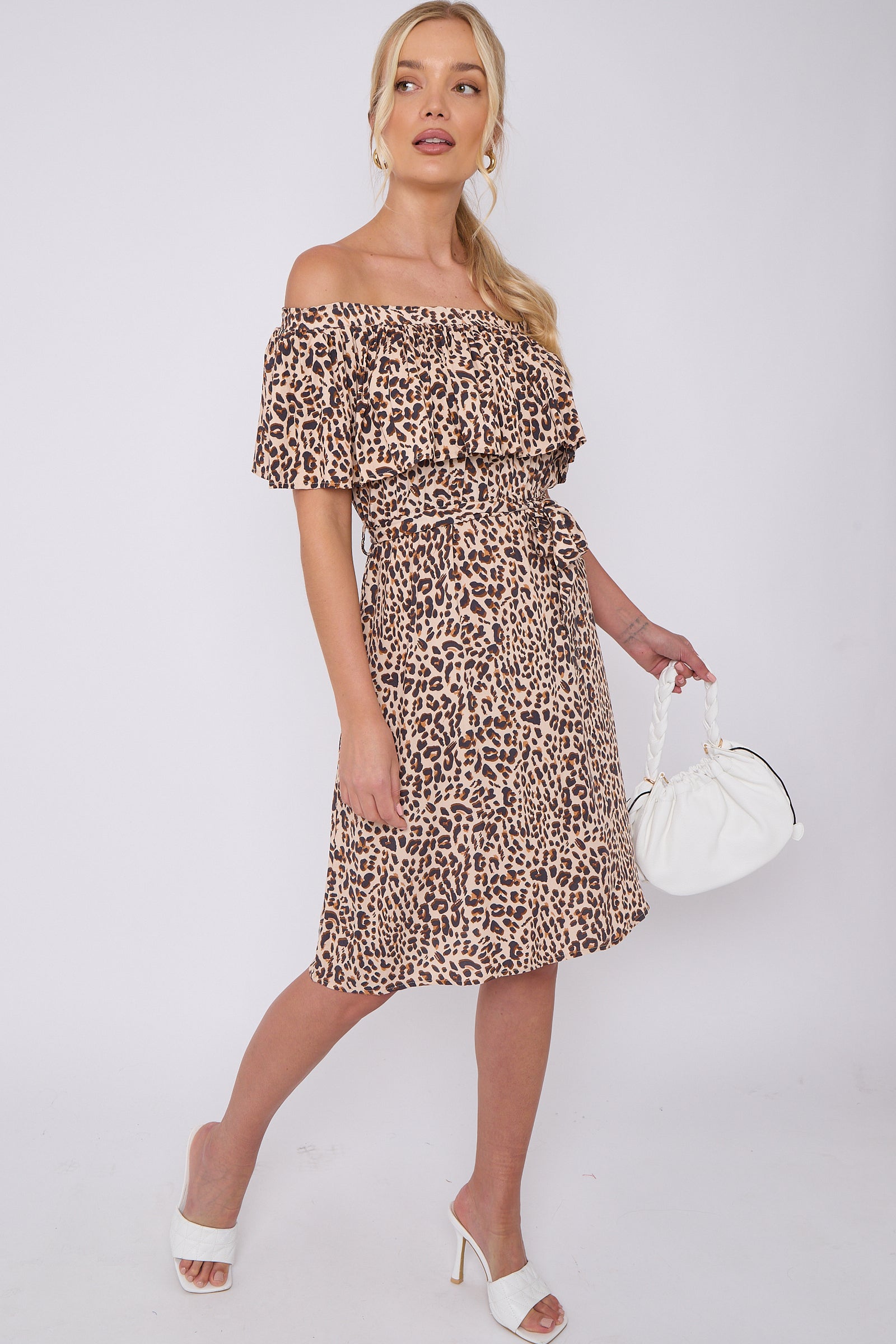 Tan Leopard Print Bardot Mini Dress