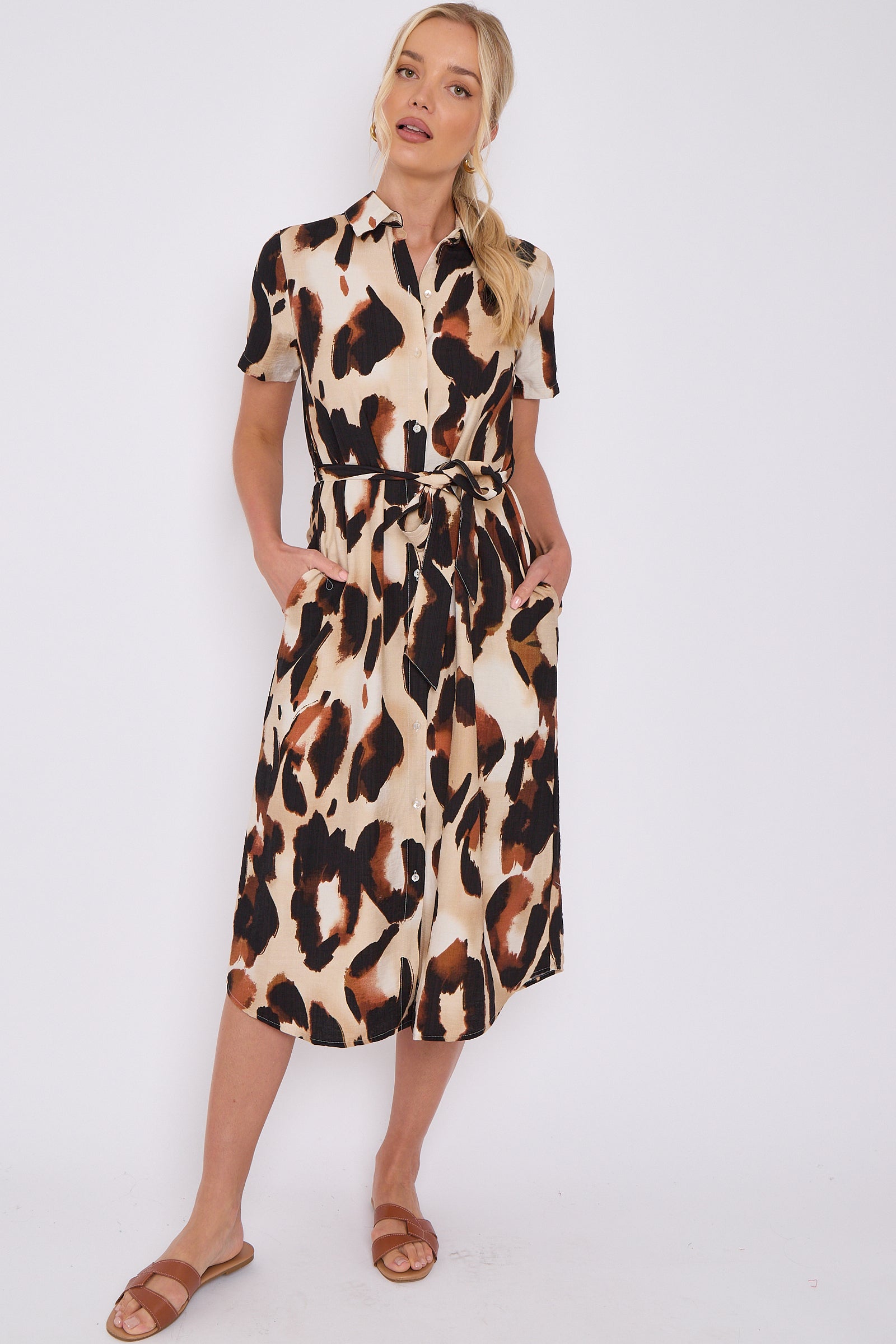 Brown Leopard Print Short Sleeve Midi ShirtDress