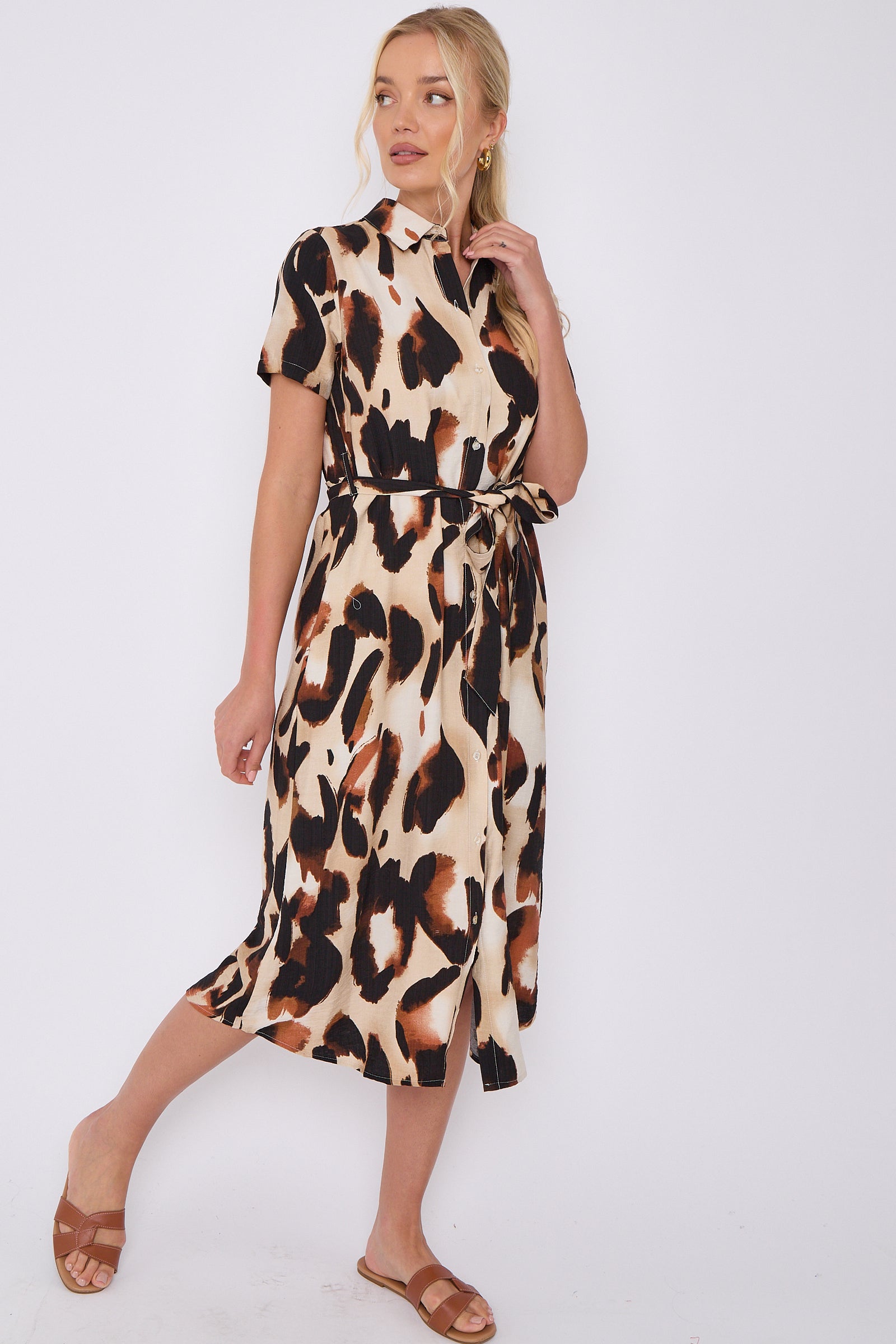 Brown Leopard Print Short Sleeve Midi ShirtDress