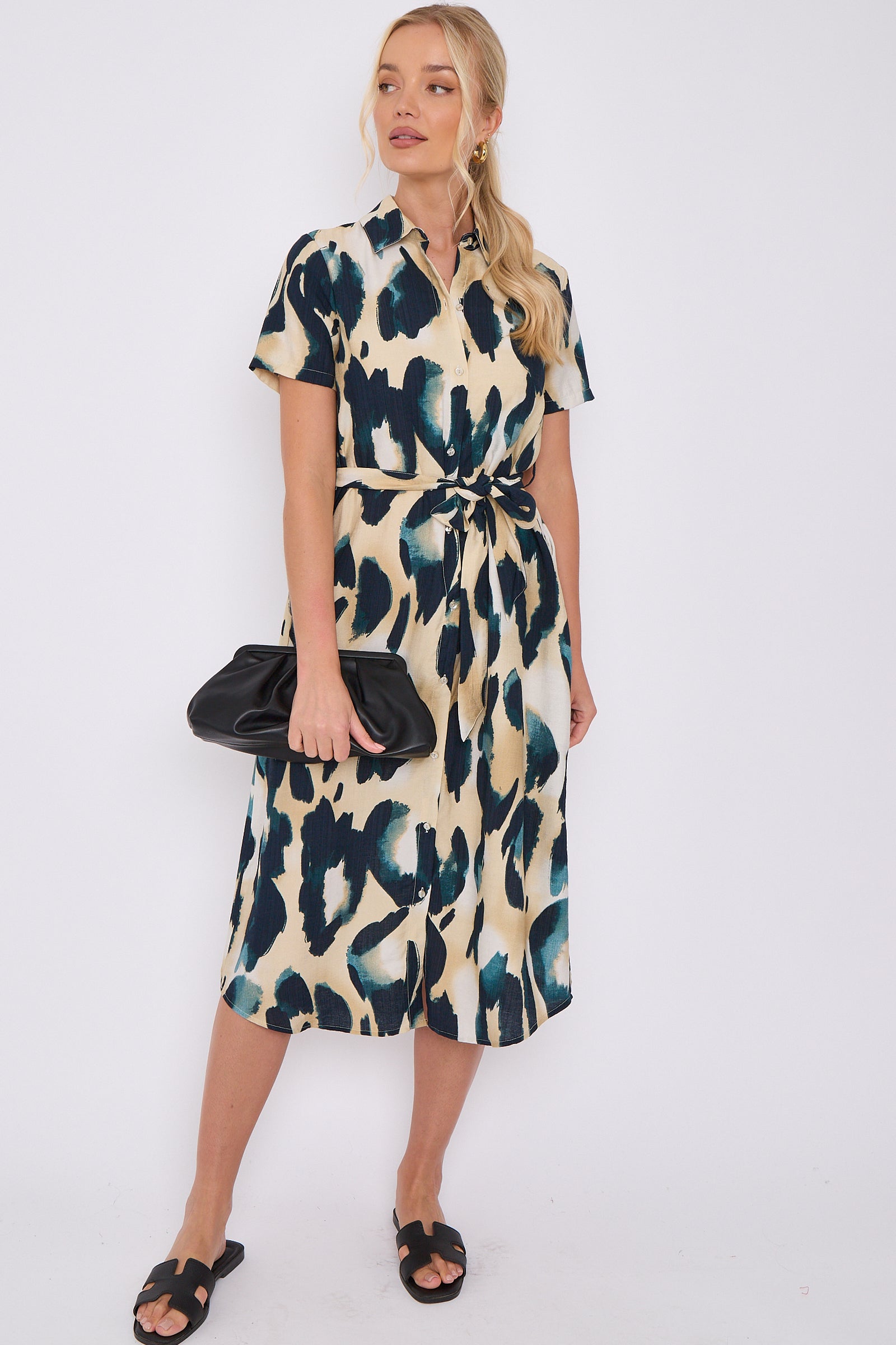 Emerald Leopard Print Short Sleeve Midi Shirt Dress