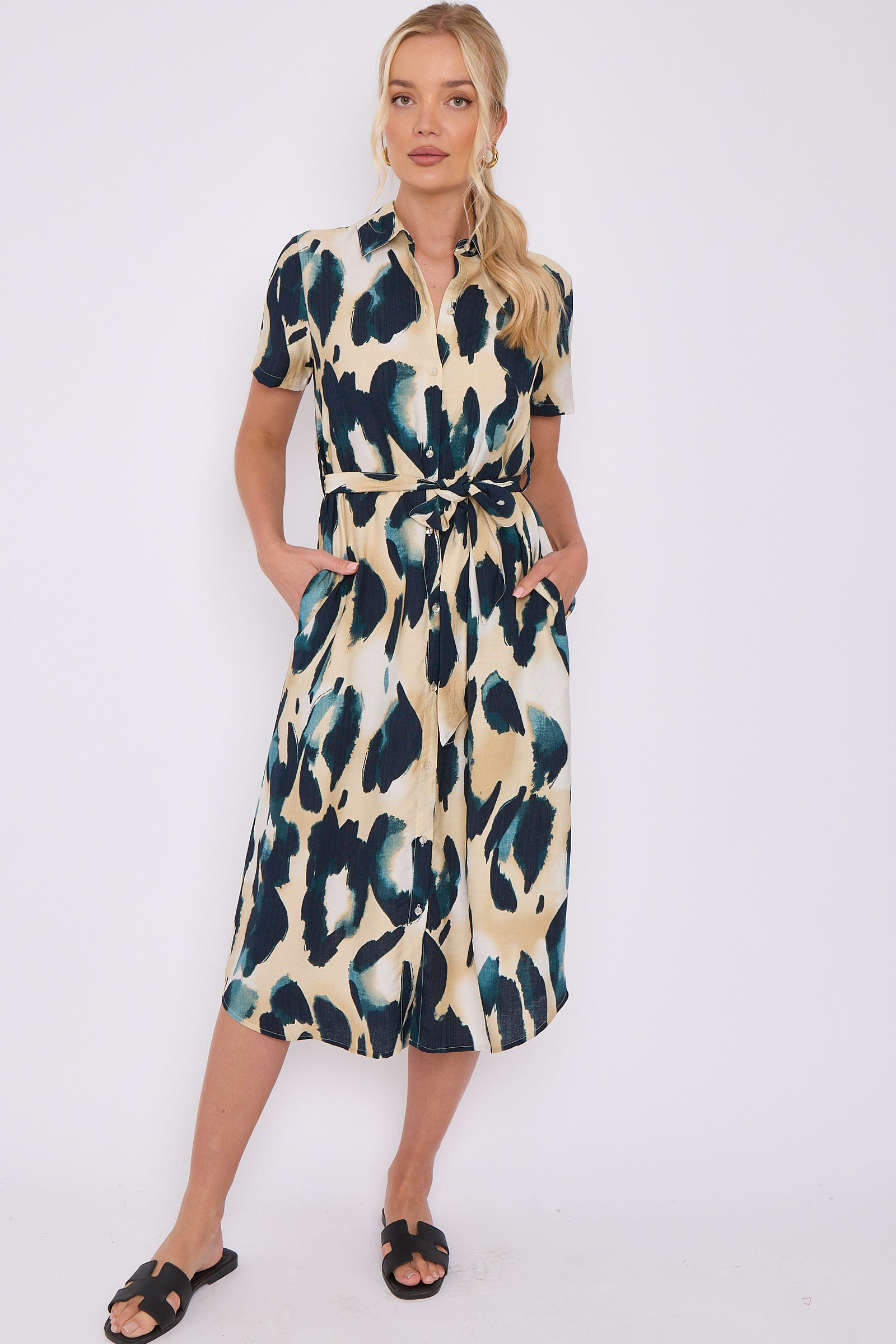 Emerald Leopard Print Short Sleeve Midi Shirt Dress