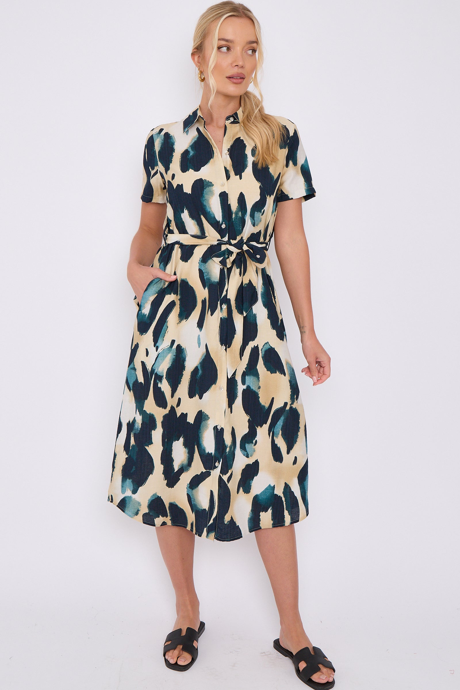 Emerald Leopard Print Short Sleeve Midi Shirt Dress