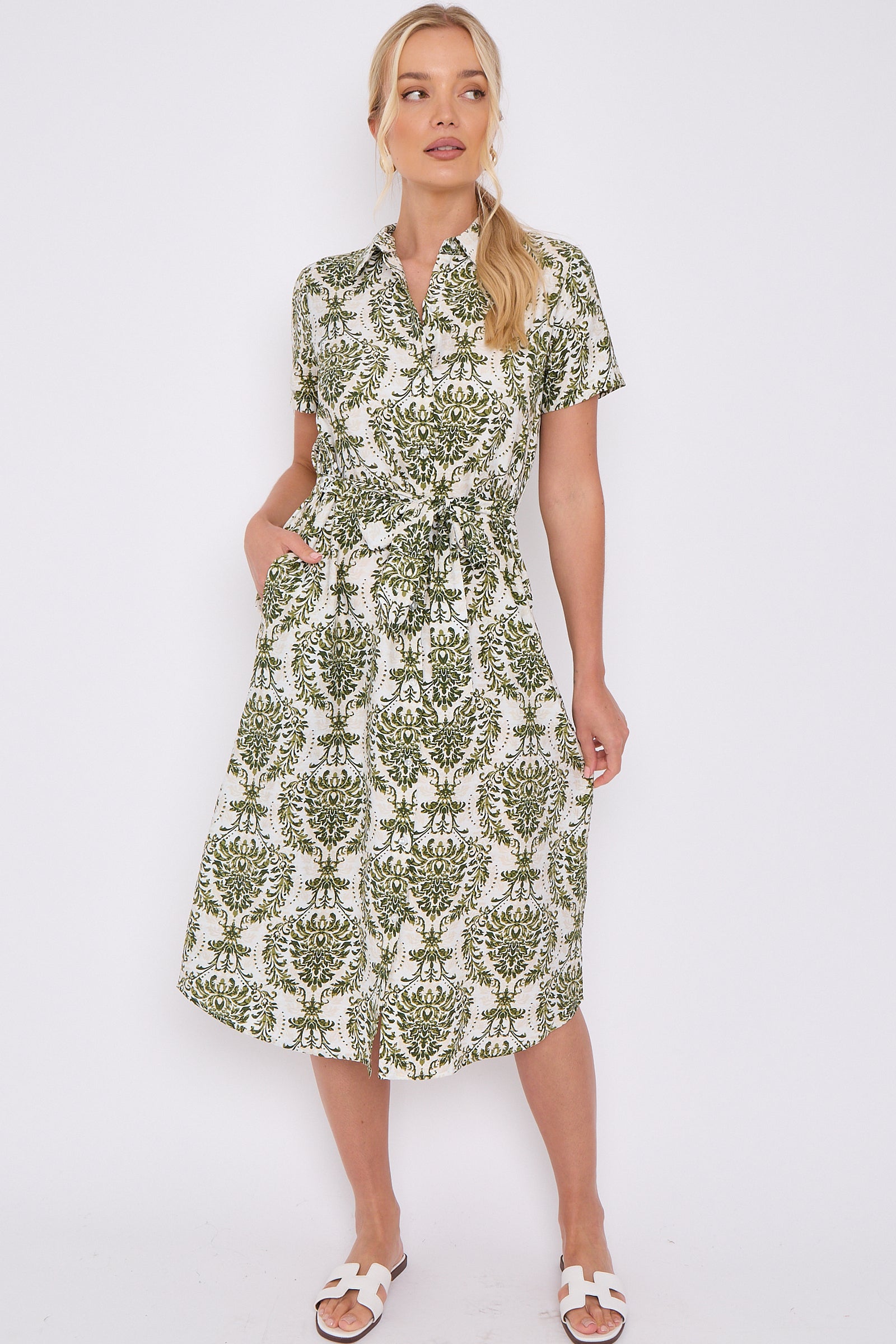 Green Broderie Print Short Sleeve Midi Shirt Dress